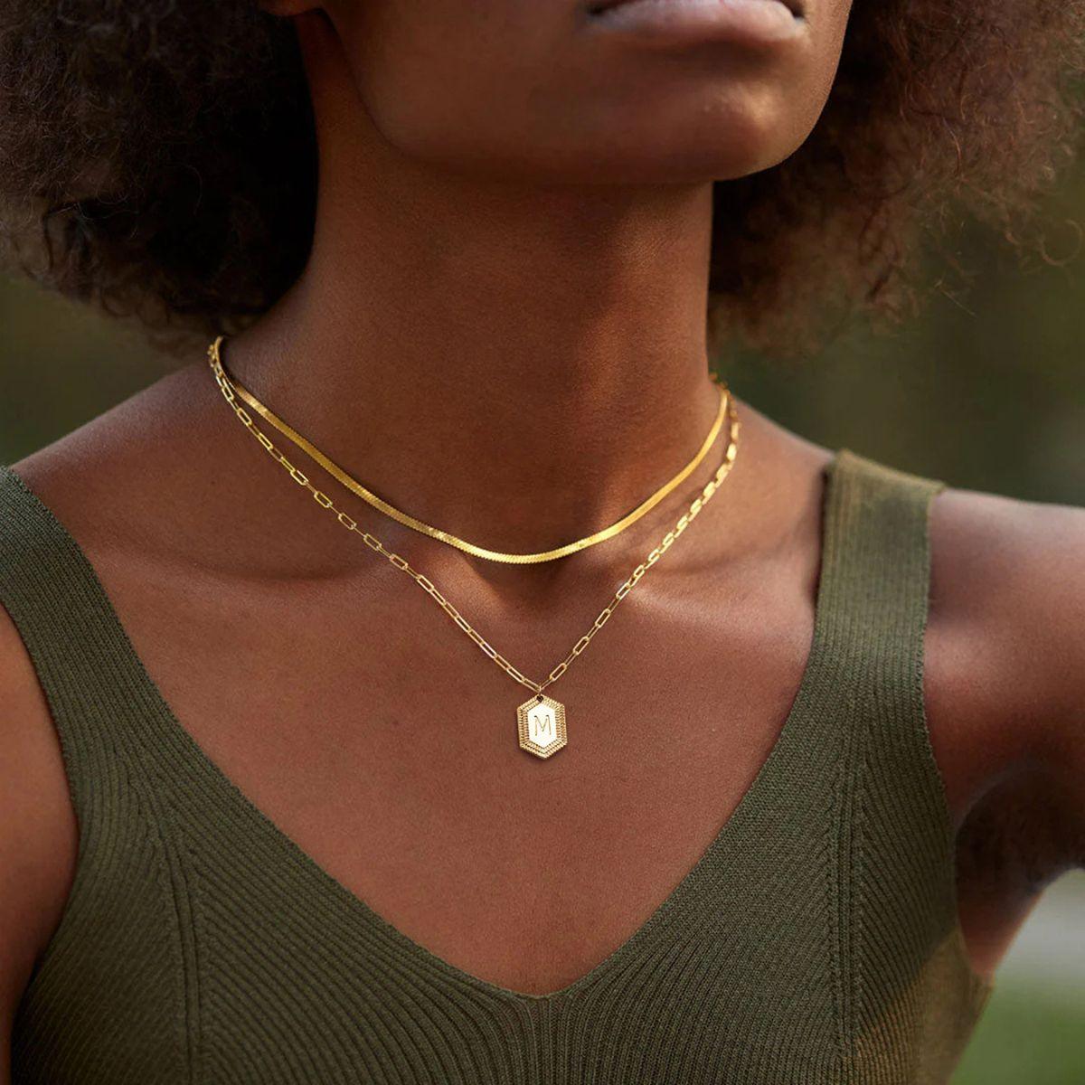 Gold Initial Chain Necklace Hexagon Snake Chain Layered Pendant