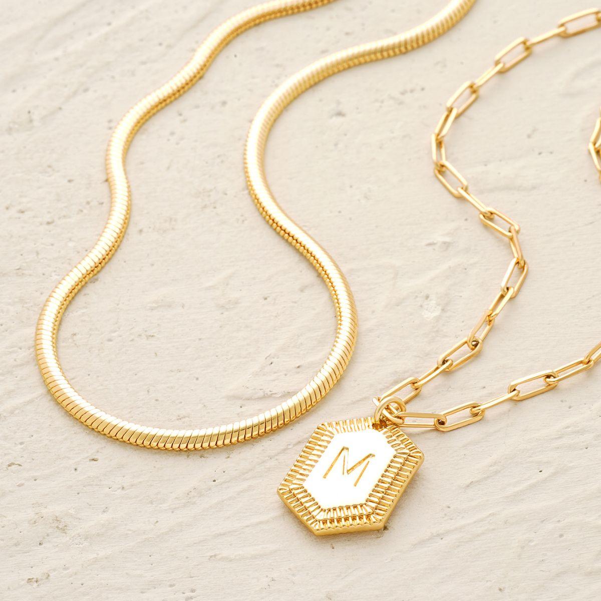 Gold Initial Chain Necklace Hexagon Snake Chain Layered Pendant