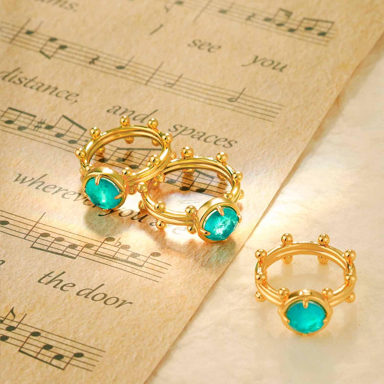 Circle Simulated Emerald/Paraiba Solitaire Cocktail Beaded Ring