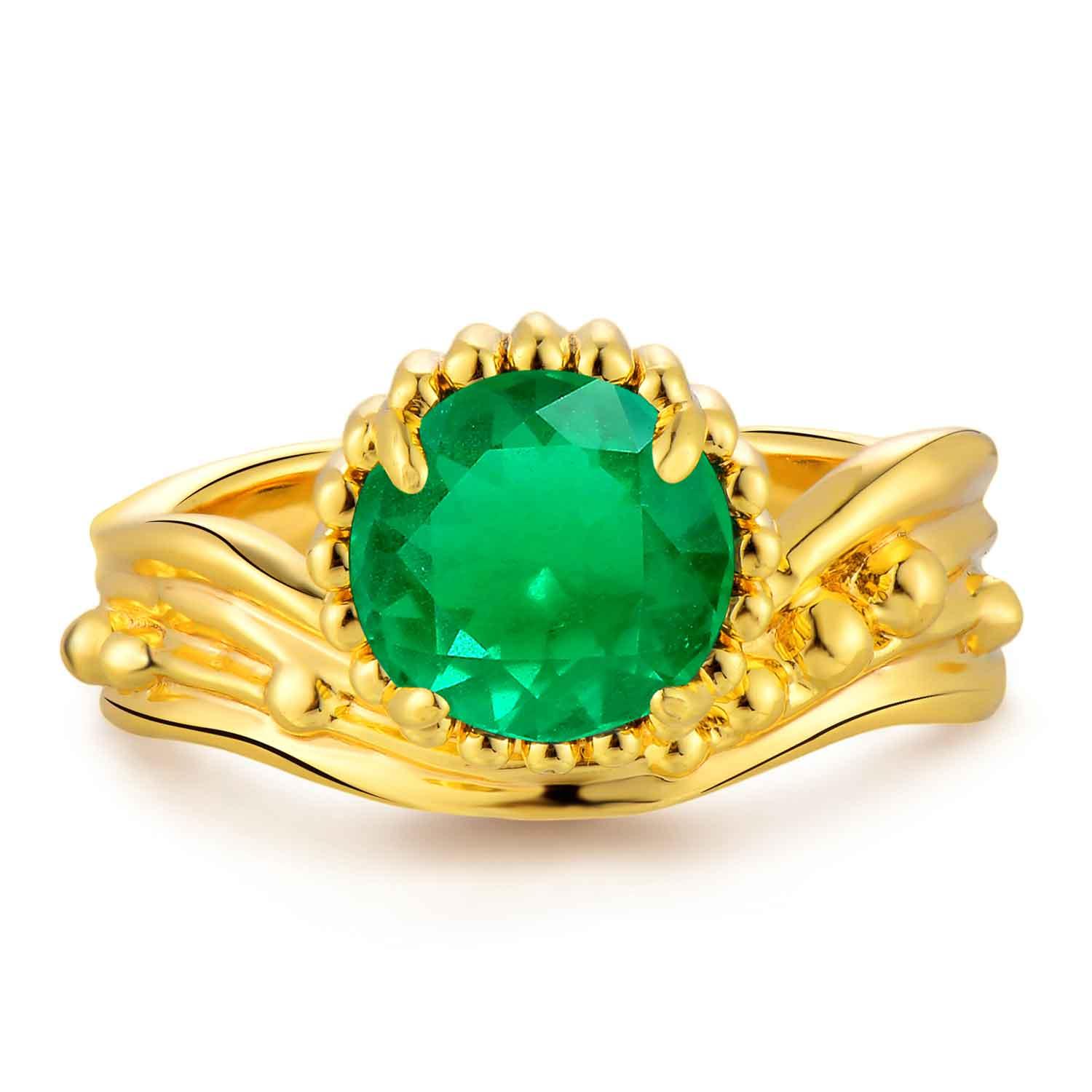 Simulated Emerald/Paraiba Solitaire Cocktail Beaded Wavy Ring