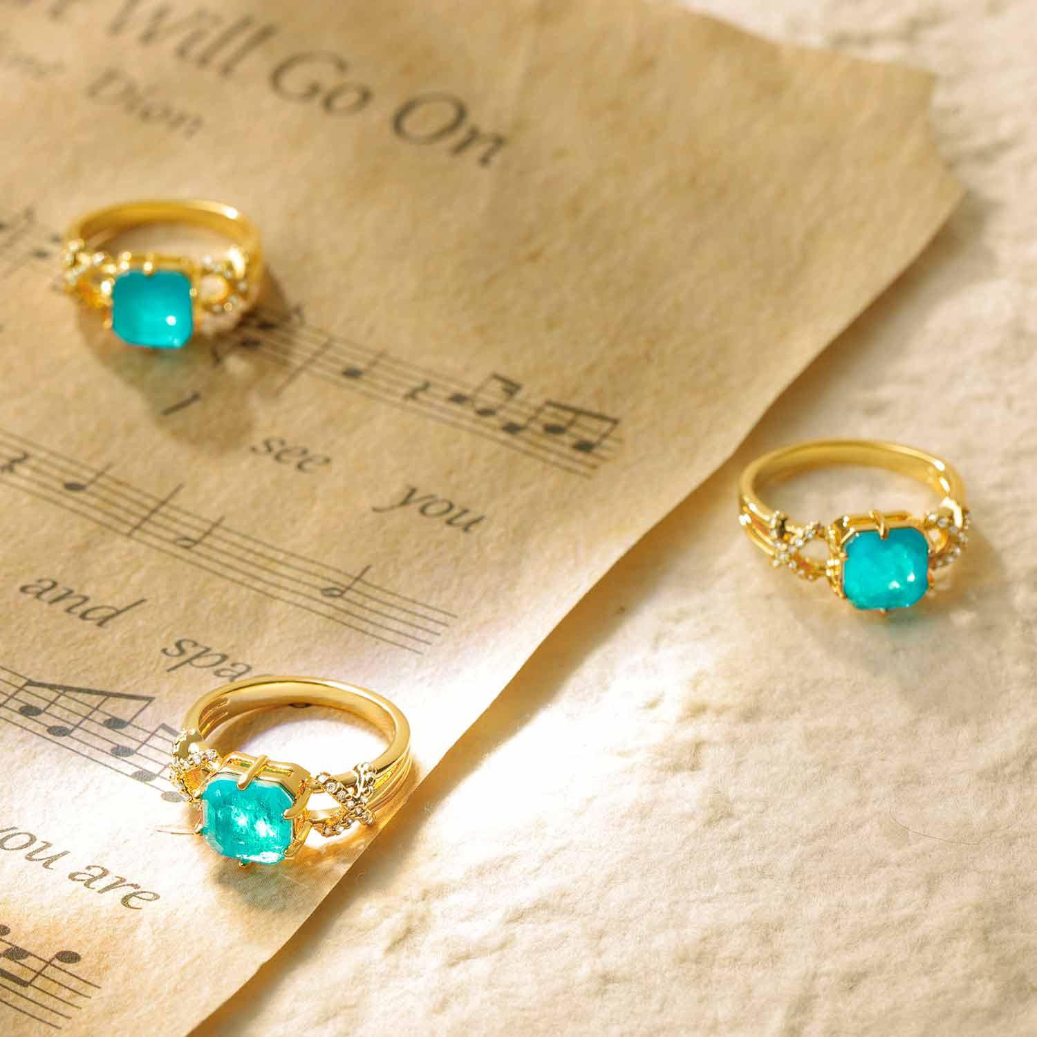 Square SIM Emerald/Paraiba Wavy Pave Ring