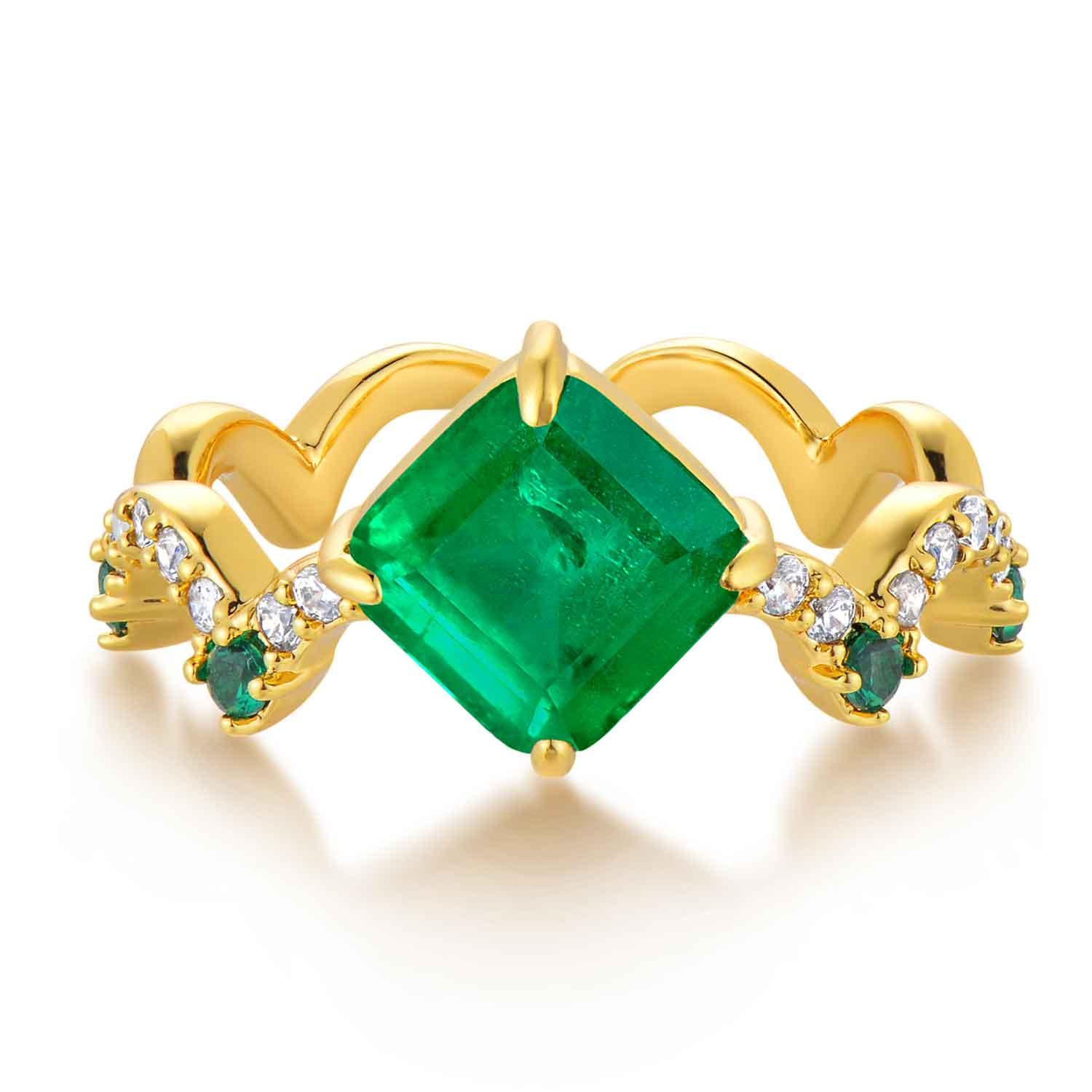 Square Simulated Emerald/Paraiba Wavy Pave Ring
