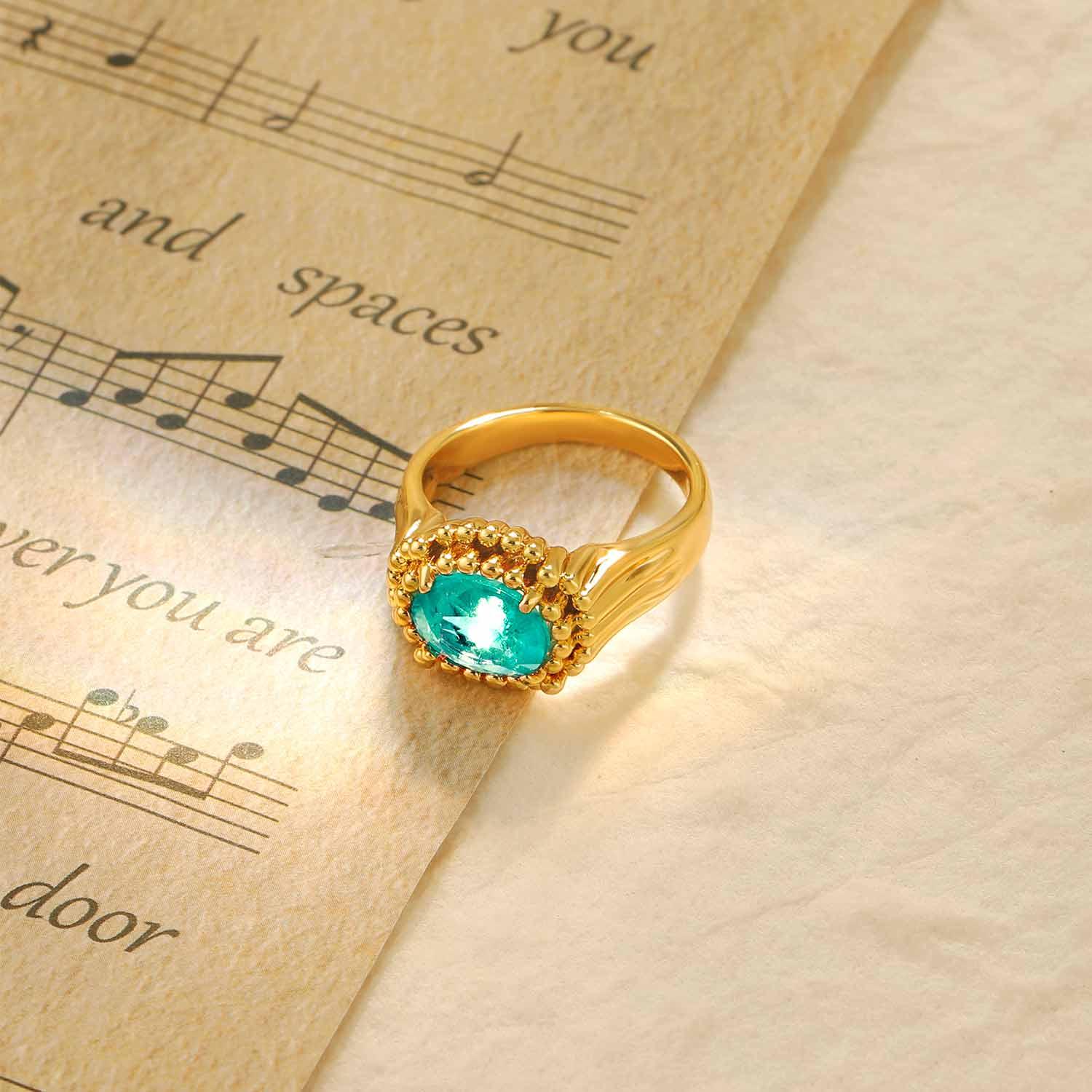 Oval Solitaire Simulated Emerald/Paraiba Solitaire Cocktail Beaded Ring