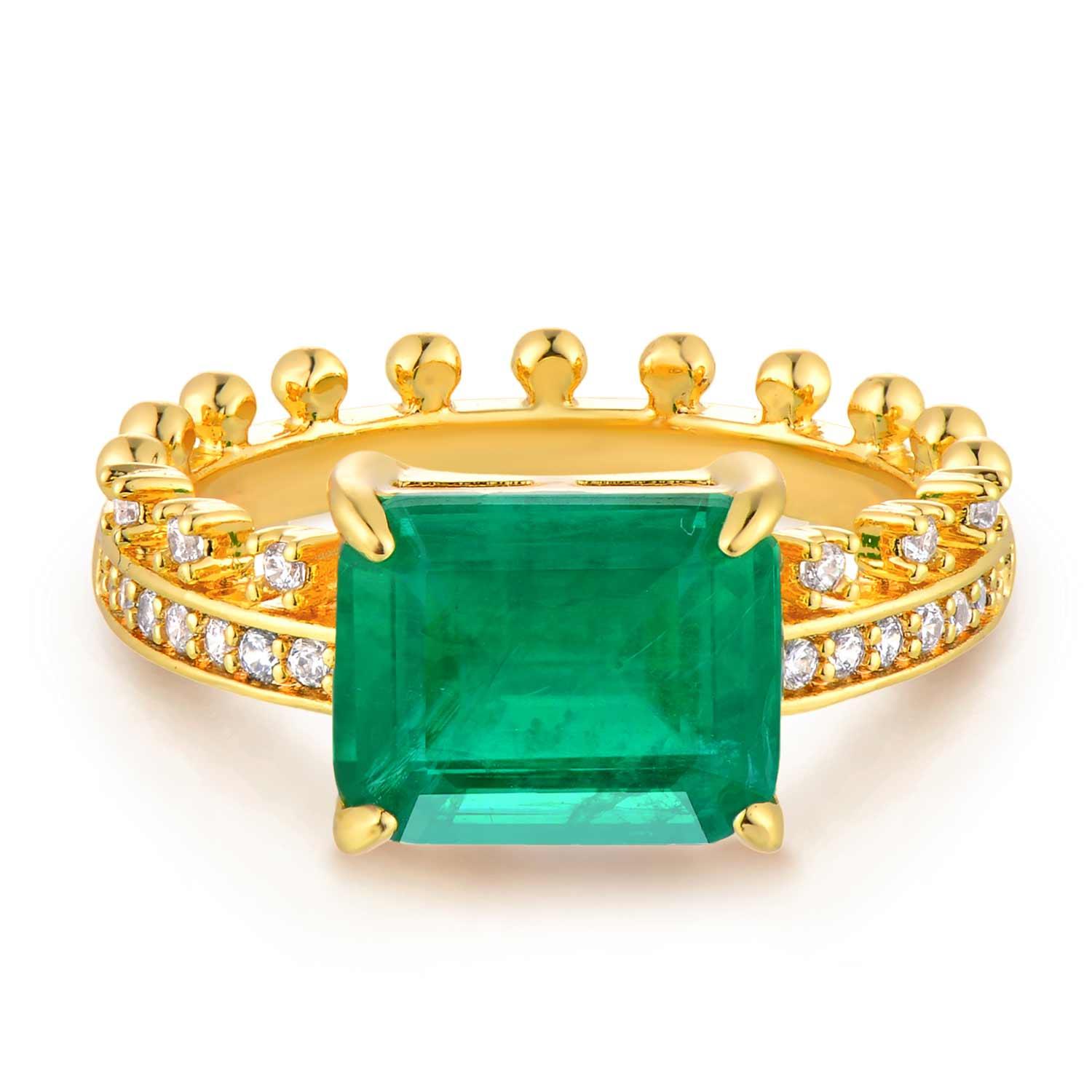Emerald Cut Simulated Emerald/Paraiba Solitaire Cocktail Beaded Pave Ring
