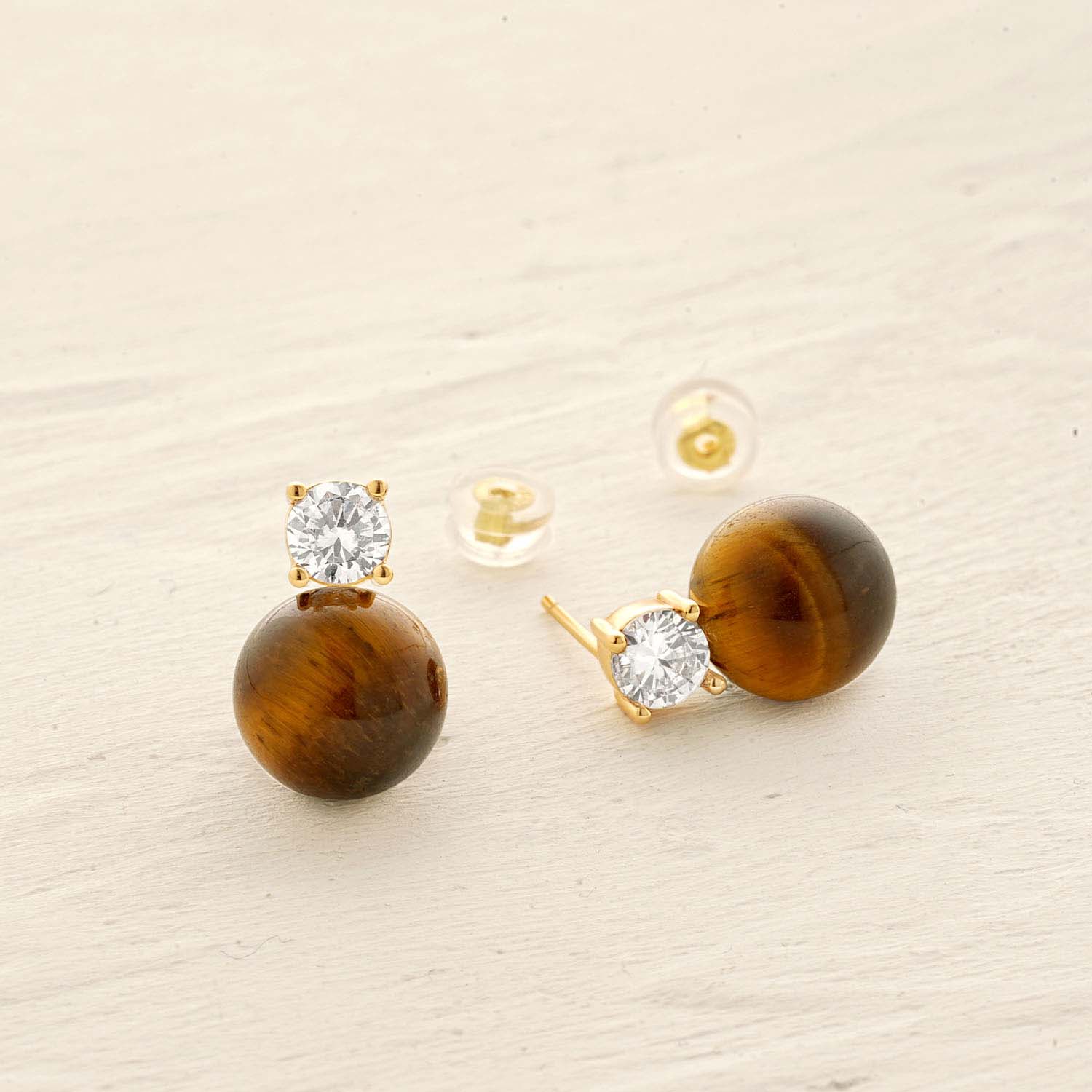 Detailed view of MYEARS® Tiger's Eye Bead Ball Stud Earrings, highlighting natural tiger's eye gemstones and 14K gold finish, perfect for gift or personal collection.