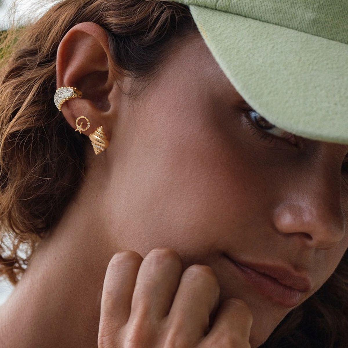 Close-up of model wearing MYEARS® Beaded Dome Pave Ear Cuff, showcasing elegant gold pave craftsmanship, ideal for women’s daily outfits and gifting