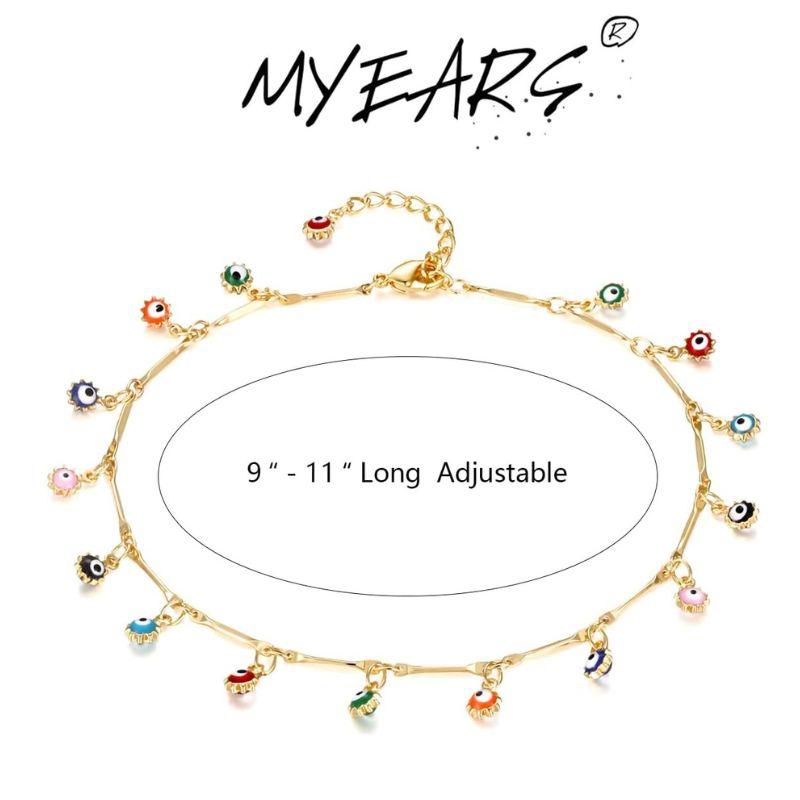 Lifestyle image of MYEARS® evil eye chain anklet, styled for summer outfits, meaningful jewelry gift for women.