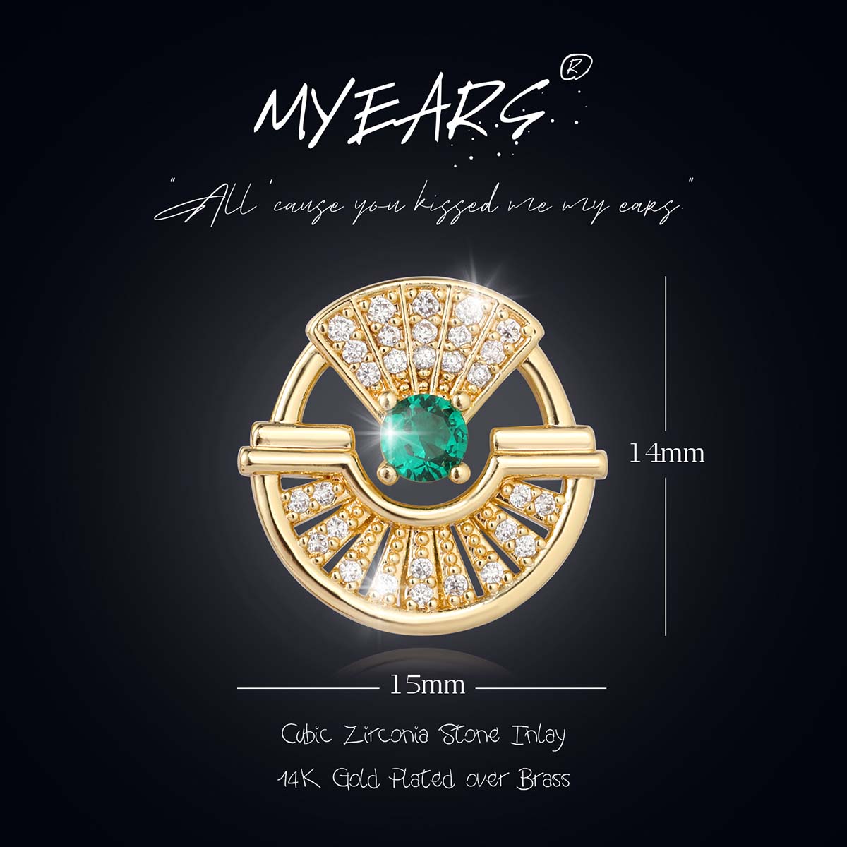 MYEARS® Green CZ Circle Stud Earrings on model, stylish gold earrings_size