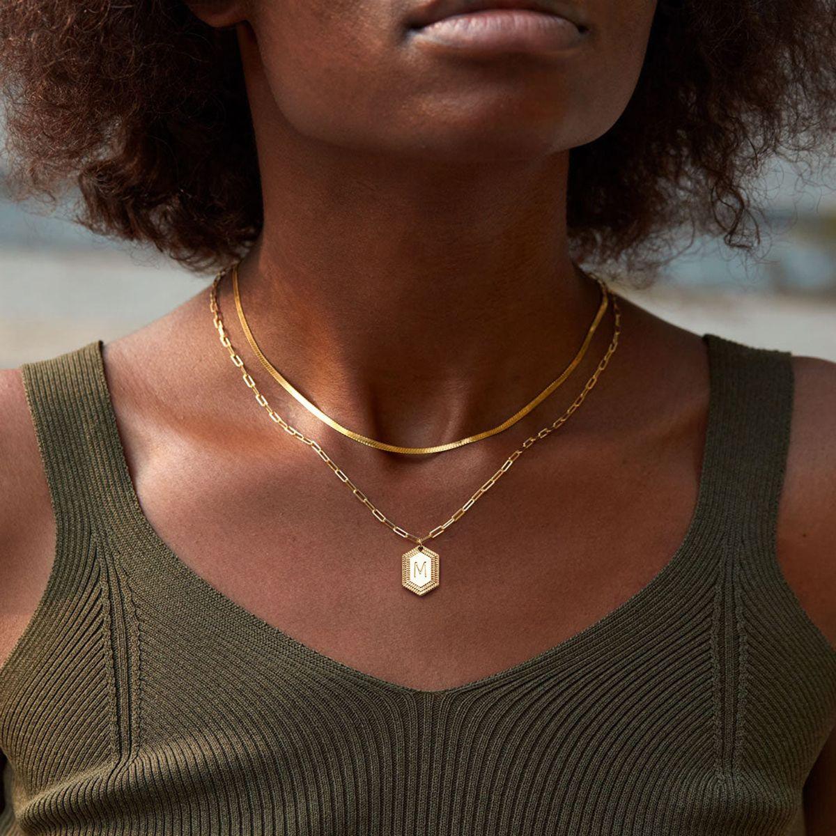 Gold Initial Chain Necklace Hexagon Snake Chain Layered Pendant
