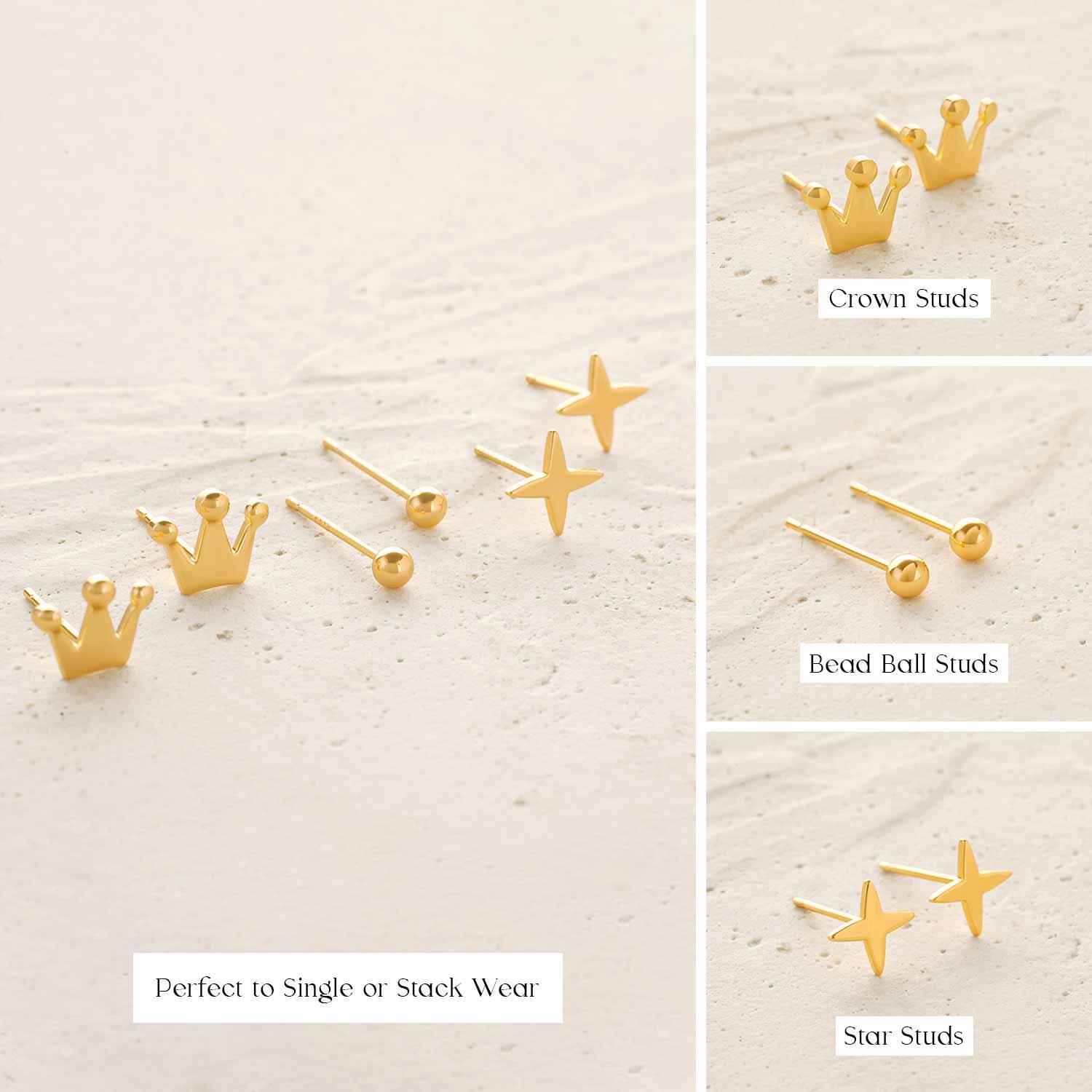 Close-up detail of MYEARS gold Sparkle Crown Stud Earrings Set showing design and sparkle