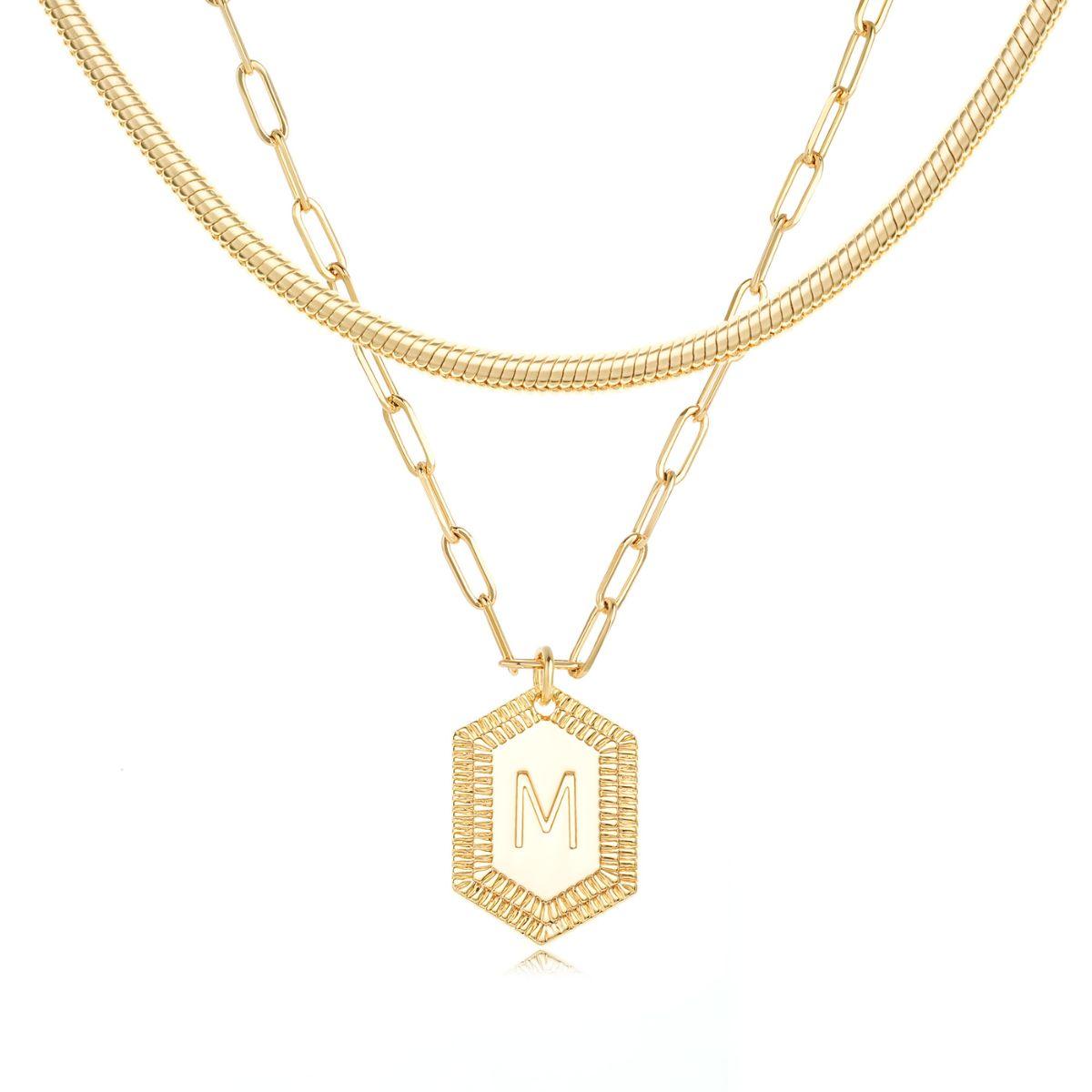 Gold Initial Chain Necklace Hexagon Snake Chain Layered Pendant