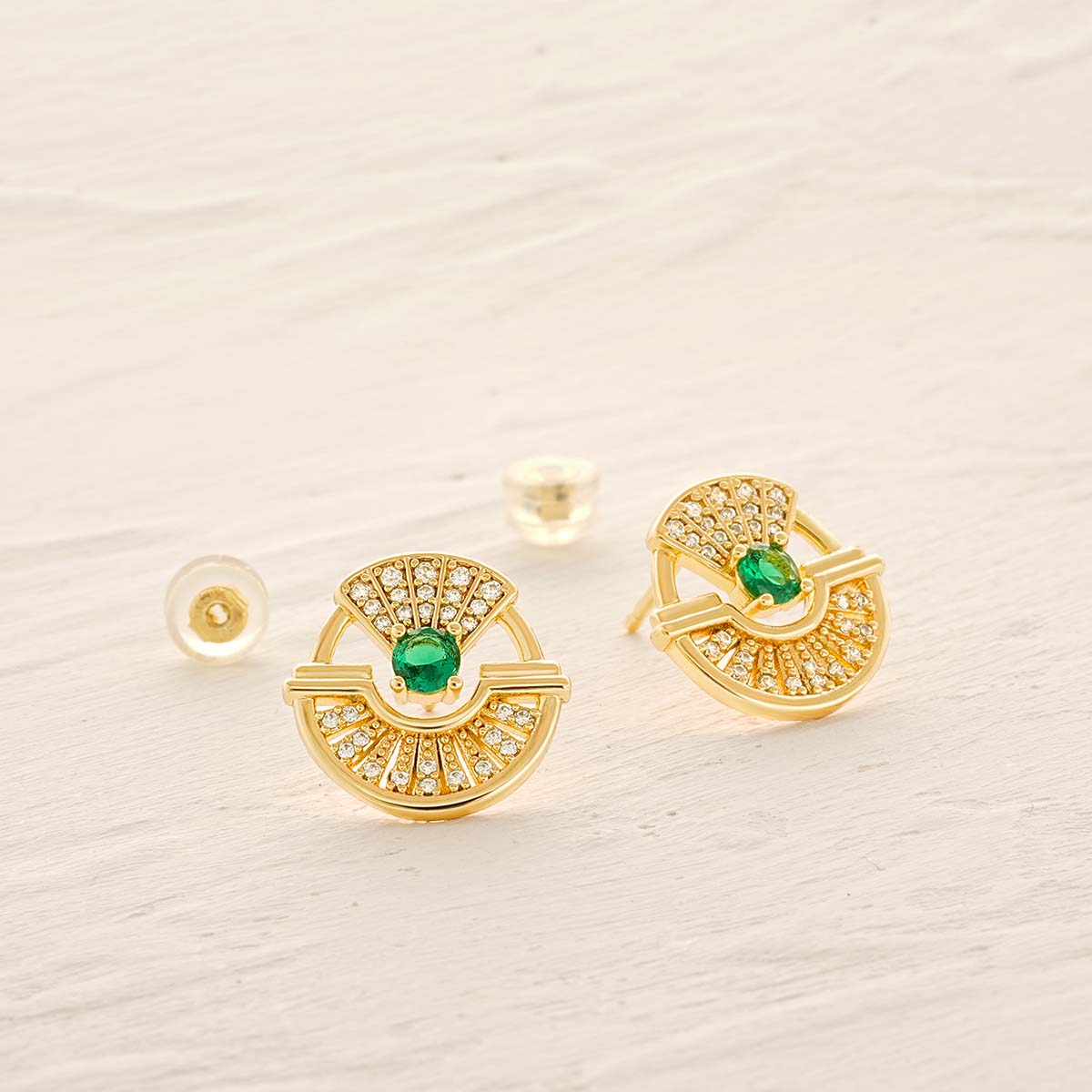 Detailed view of MYEARS® Green CZ Circle Stud Earrings, highlighting sparkling green cubic zirconia and gold-plated design, perfect for women’s everyday style or gifting