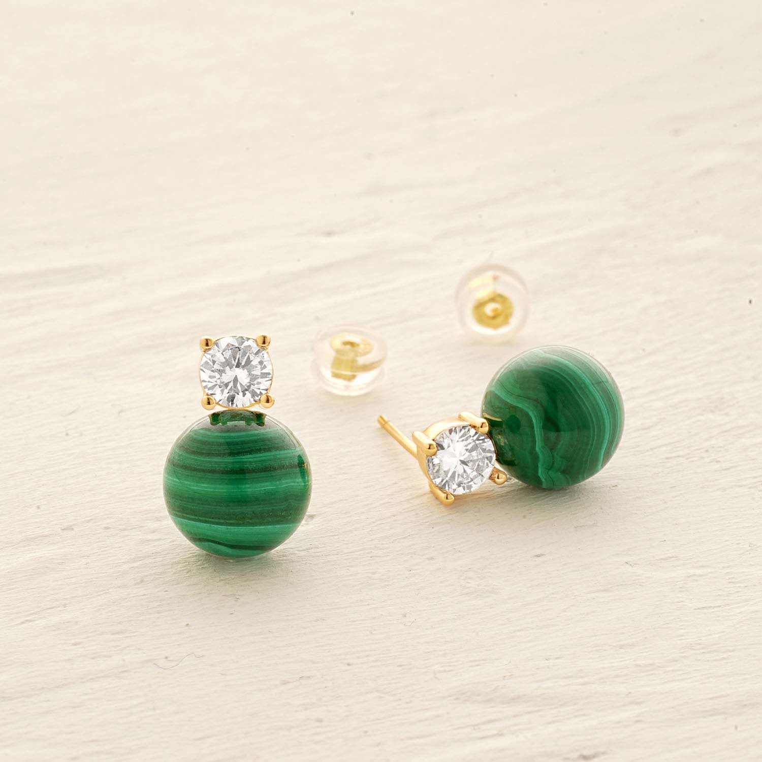 Detailed view of MYEARS® Malachite Bead Ball Stud Earrings, highlighting natural malachite gemstones and 14K gold finish, perfect for gift or personal collection.