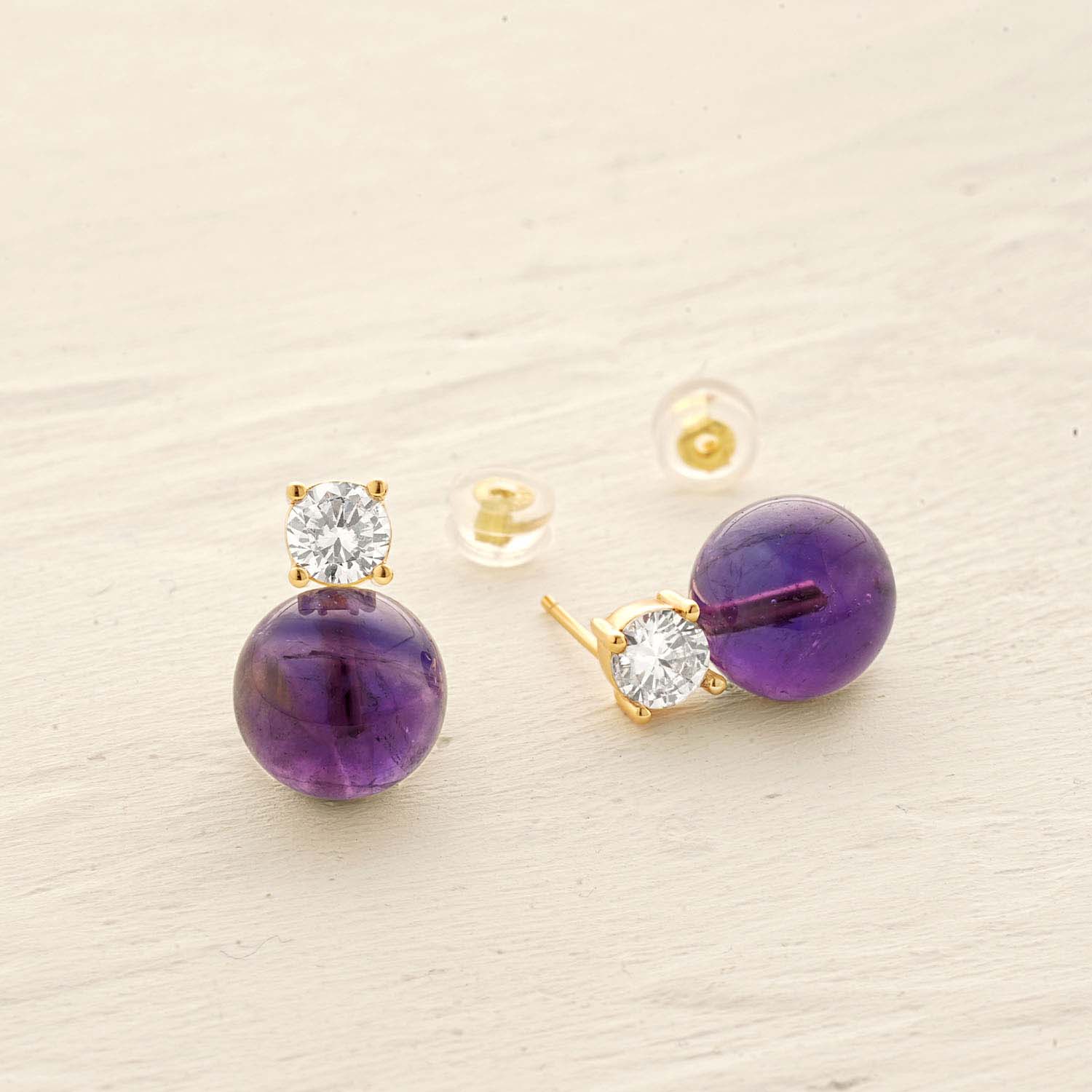 Detailed view of MYEARS® Amethyst Bead Ball Stud Earrings, highlighting natural amethyst gemstones and 14K gold finish, perfect for gift or personal collection.