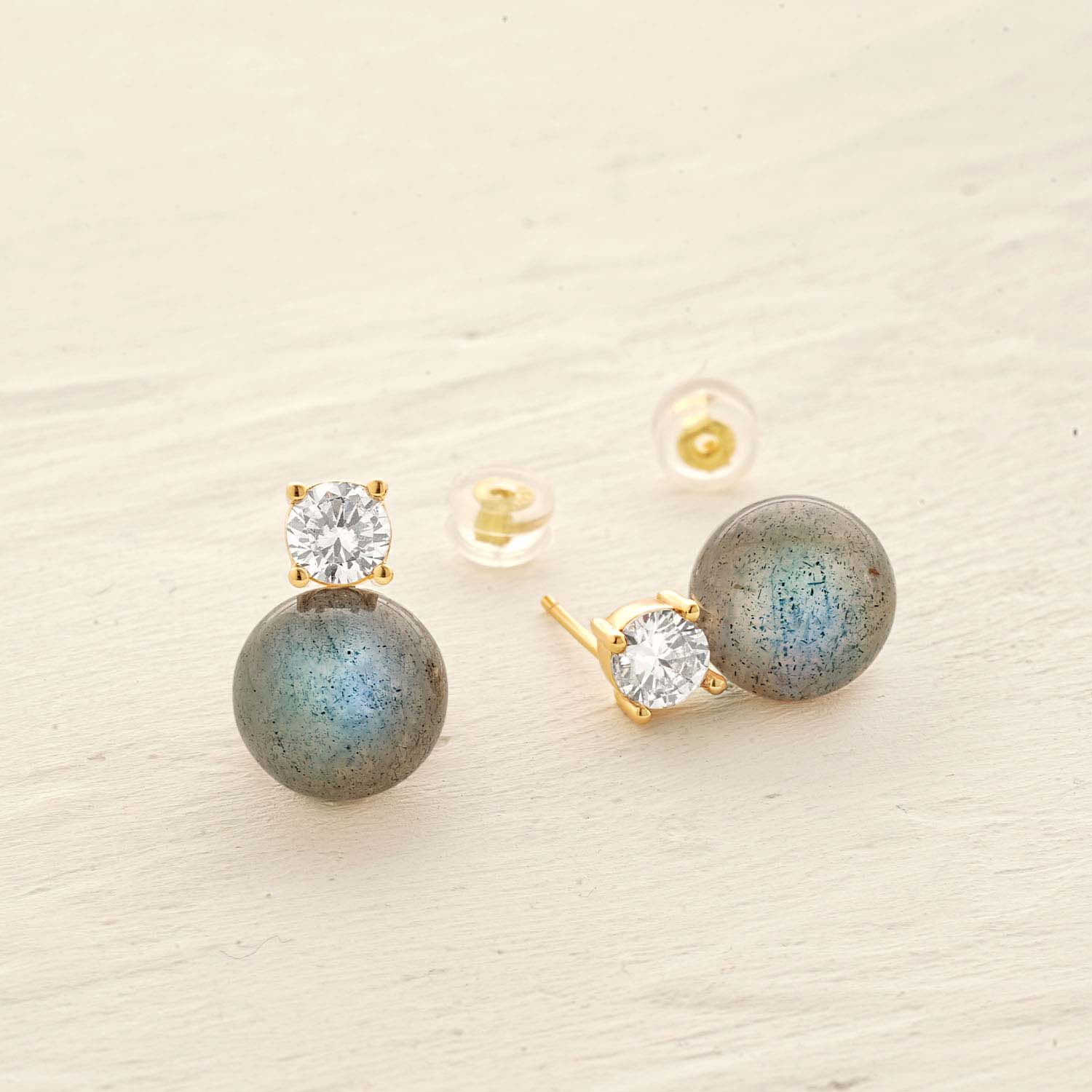Detailed view of MYEARS® Labradorite Bead Ball Stud Earrings, highlighting natural labradorite gemstones and 14K gold finish, perfect for gift or personal collection.
