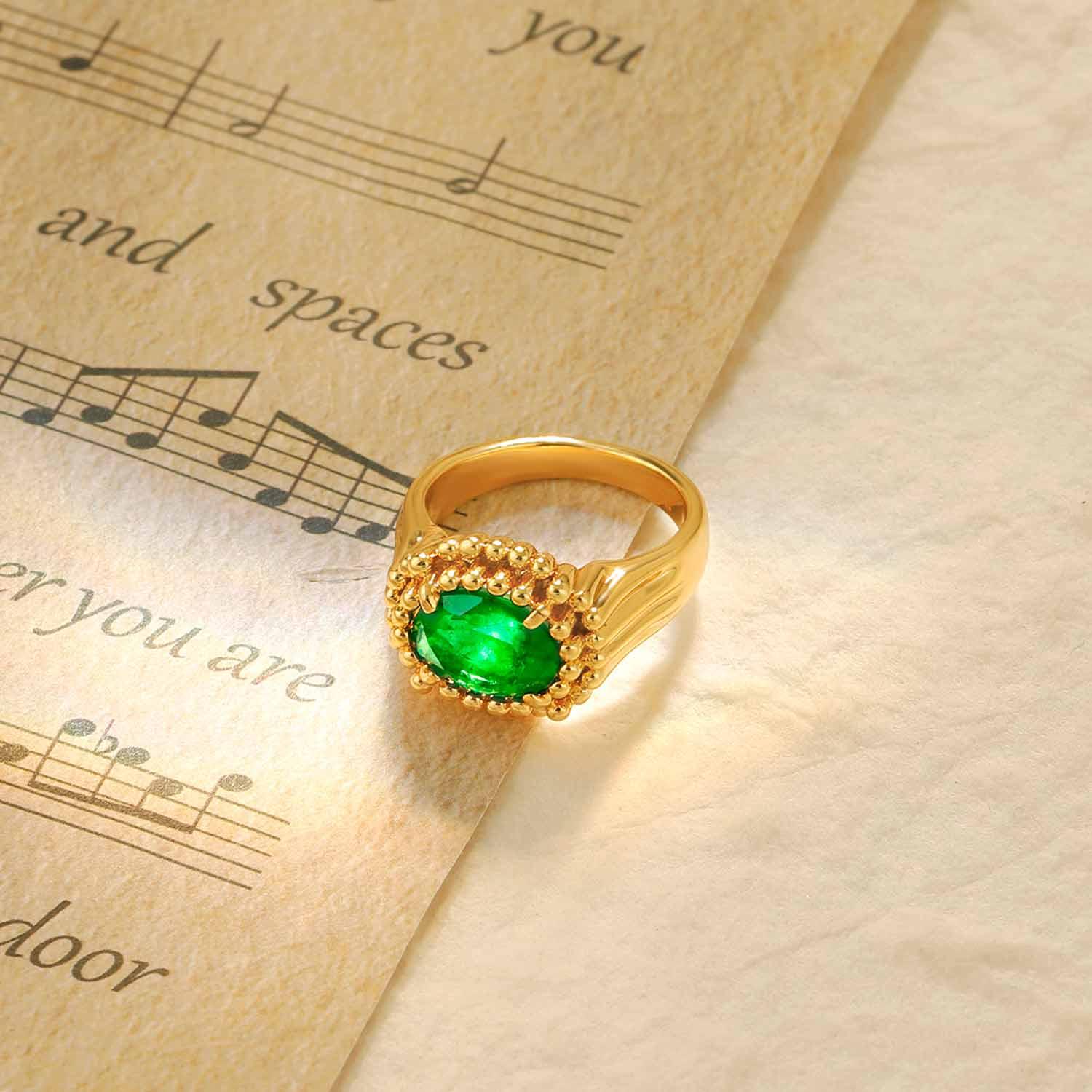 Oval Solitaire Simulated Emerald/Paraiba Solitaire Cocktail Beaded Ring