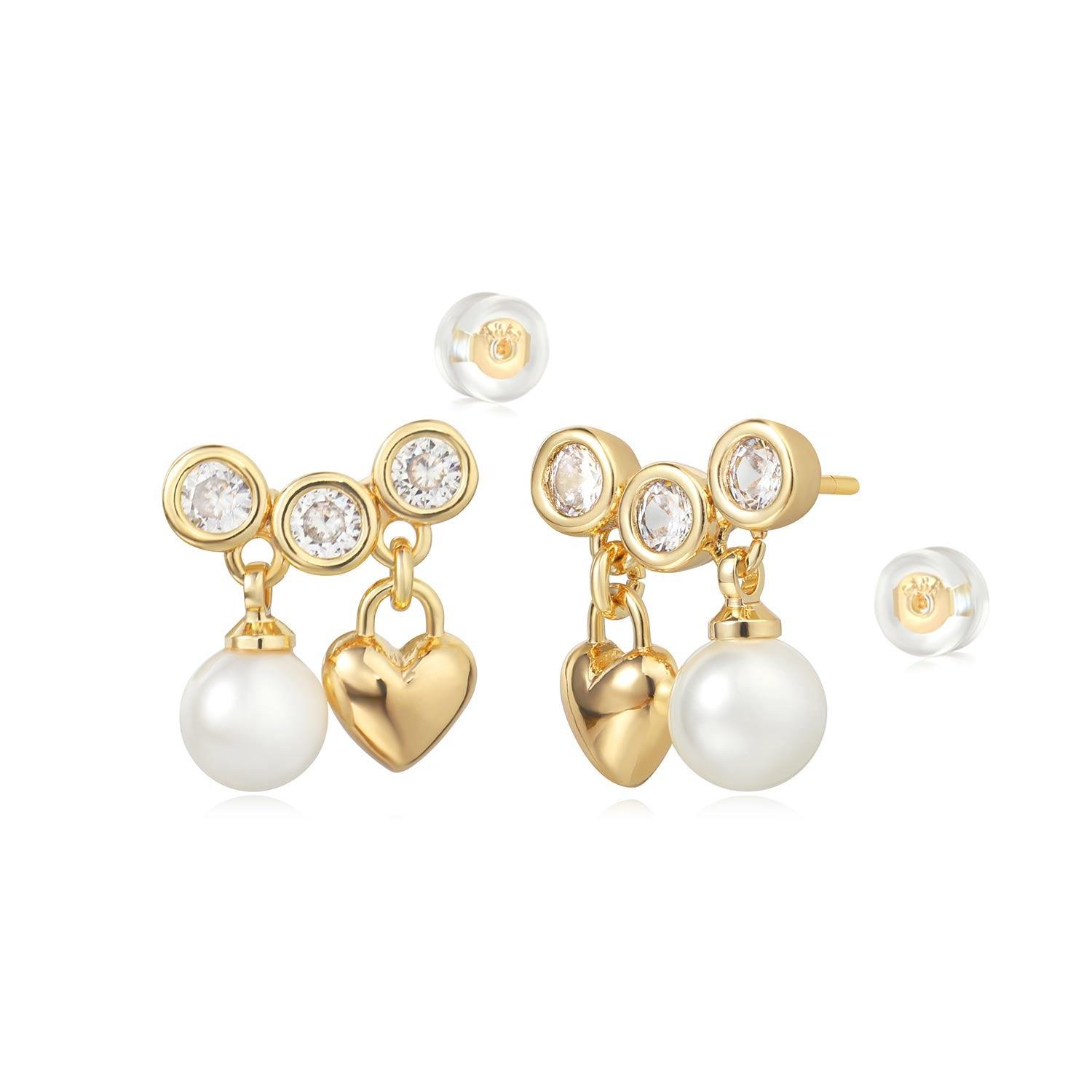 Gold Heart Pearl Stud Earrings