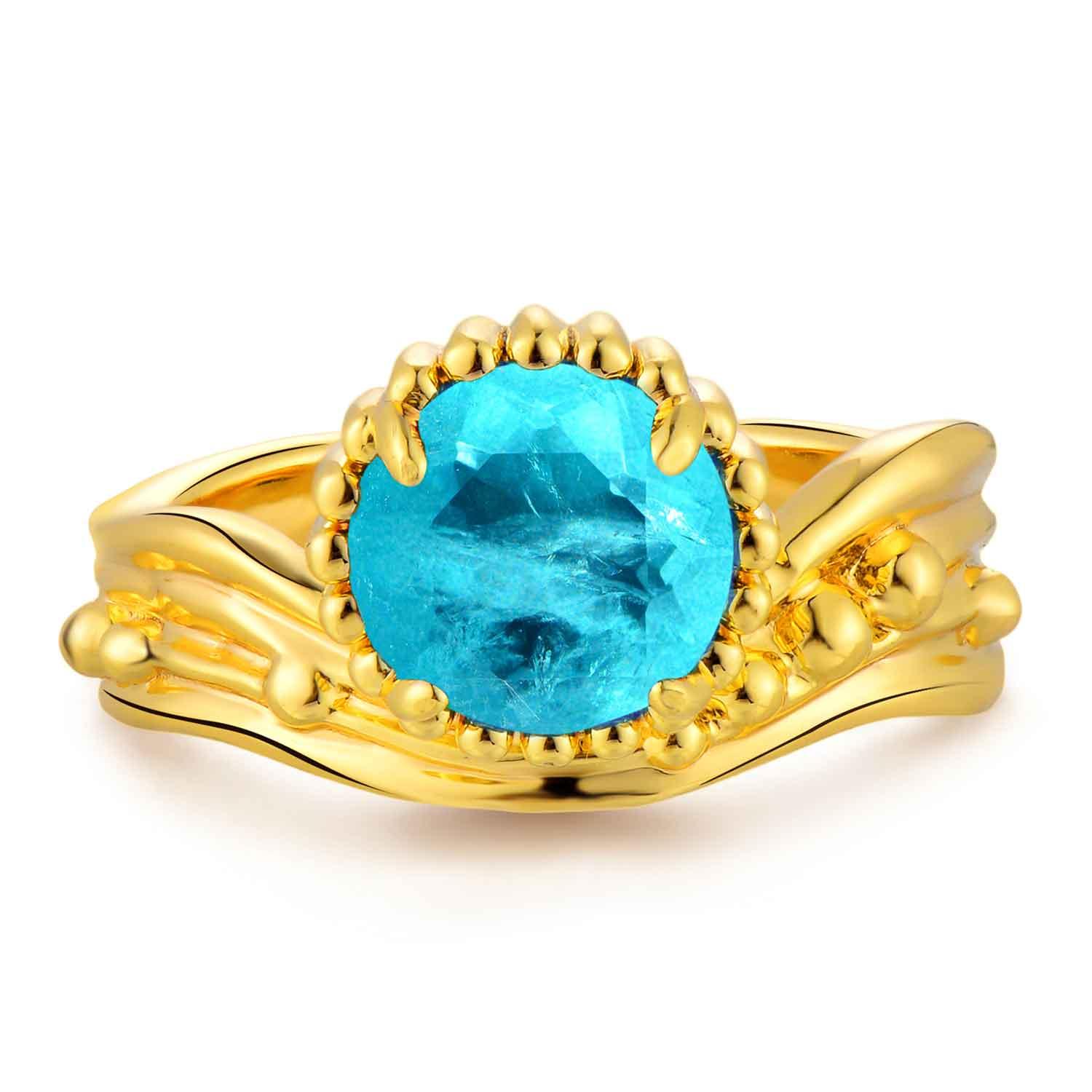Simulated Emerald/Paraiba Solitaire Cocktail Beaded Wavy Ring