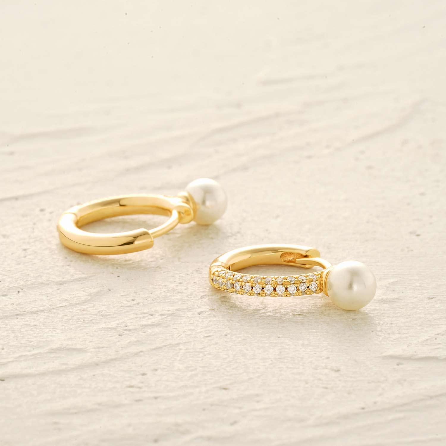 Detailed view of MYEARS® gold pearl hoop earrings showing the gold finish and pearl craftsmanship.