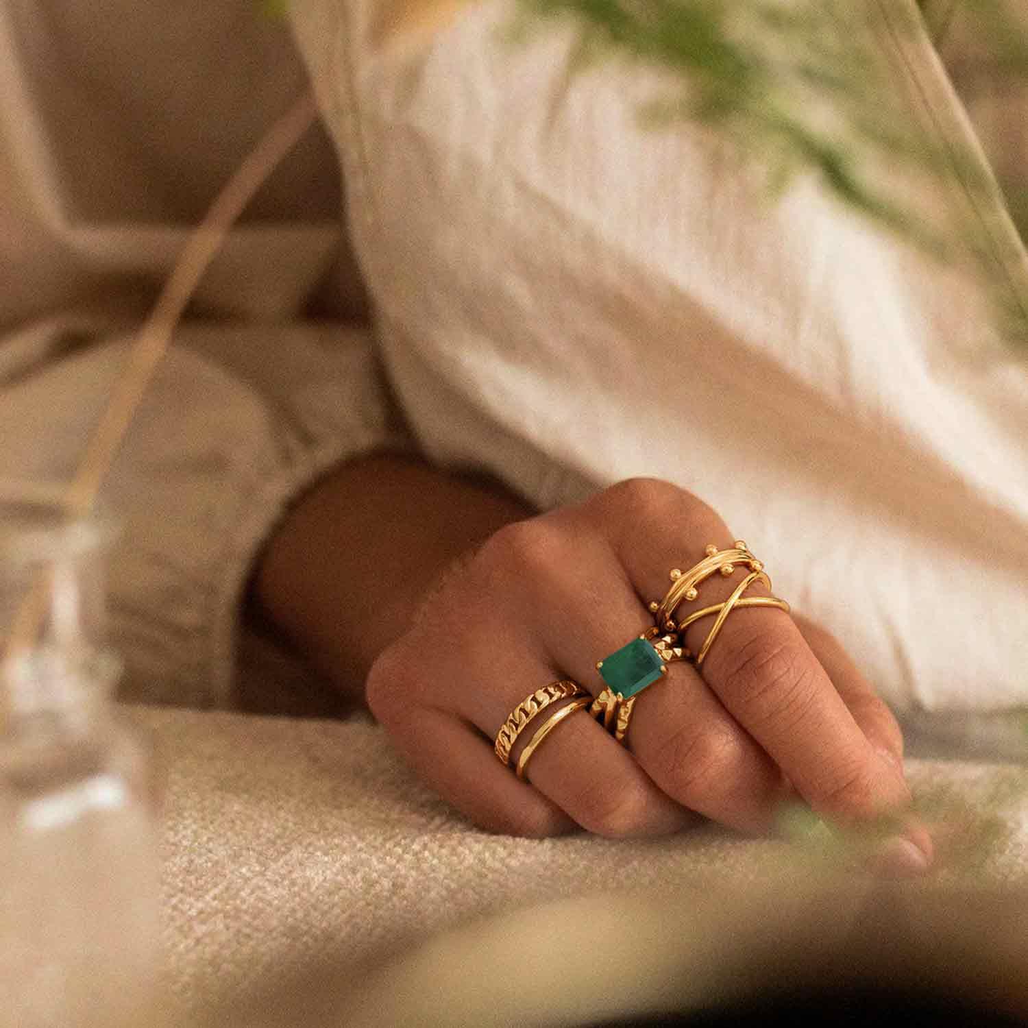 Simulated Emerald/Paraiba Interlocking Pyramid Ring