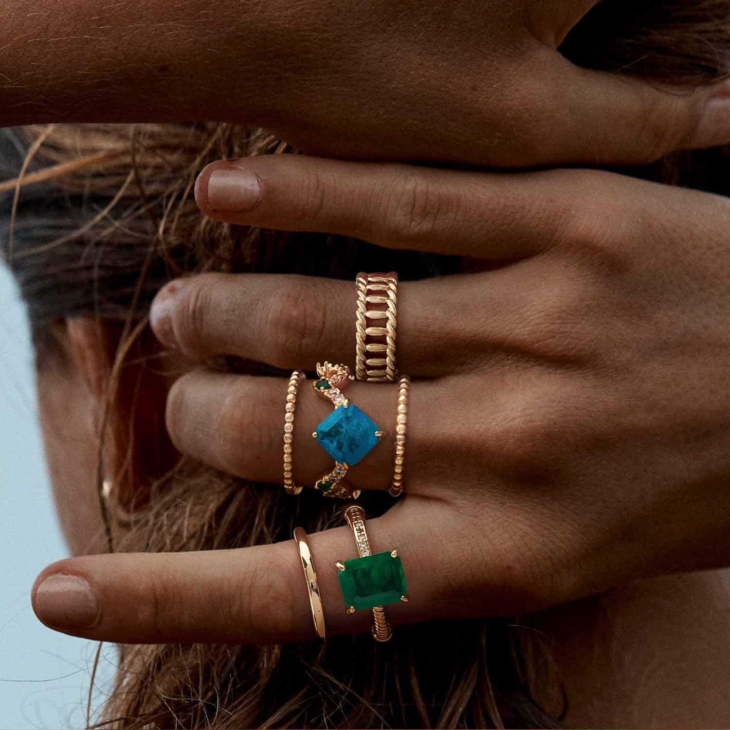 Rectangle Simulated Emerald/Paraiba Solitaire Cocktail Twisted Ring