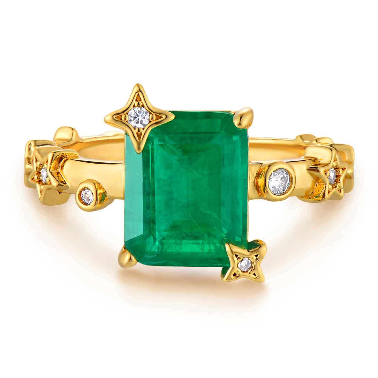 Emerald Cut Simulated Emerald/Paraiba Solitaire Cocktail Star Ring