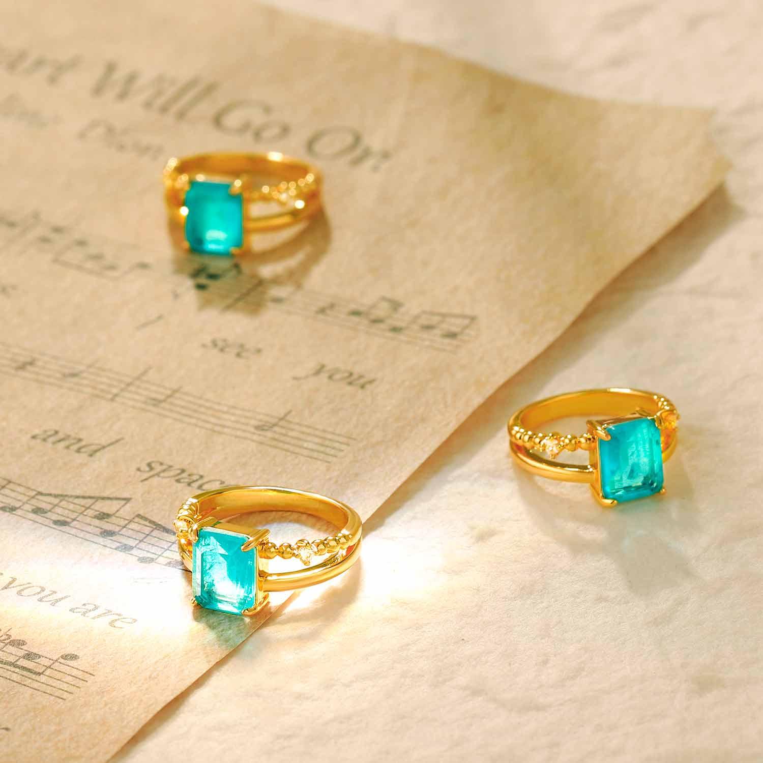 Rectangle Simulated Emerald/Paraiba Solitaire Cocktail Ring