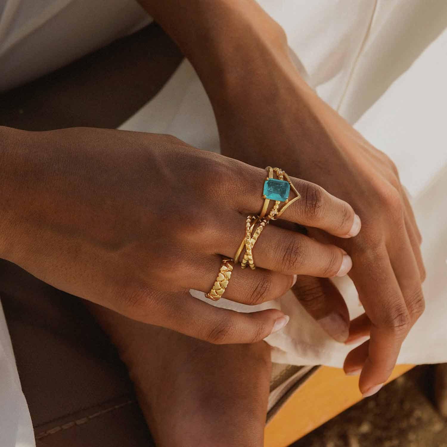 Rectangle Simulated Emerald/Paraiba Solitaire Cocktail Ring