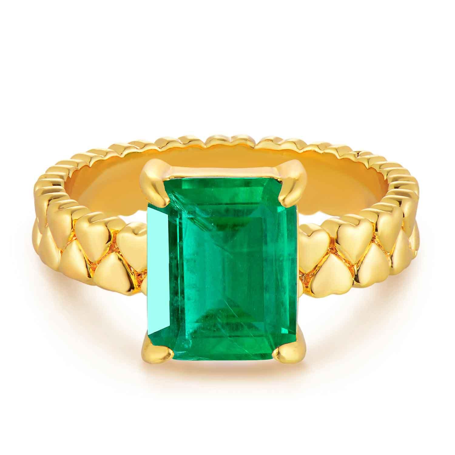 Emerald Cut Simulated Emerald/Paraiba Solitaire Cocktail Heart Band Ring