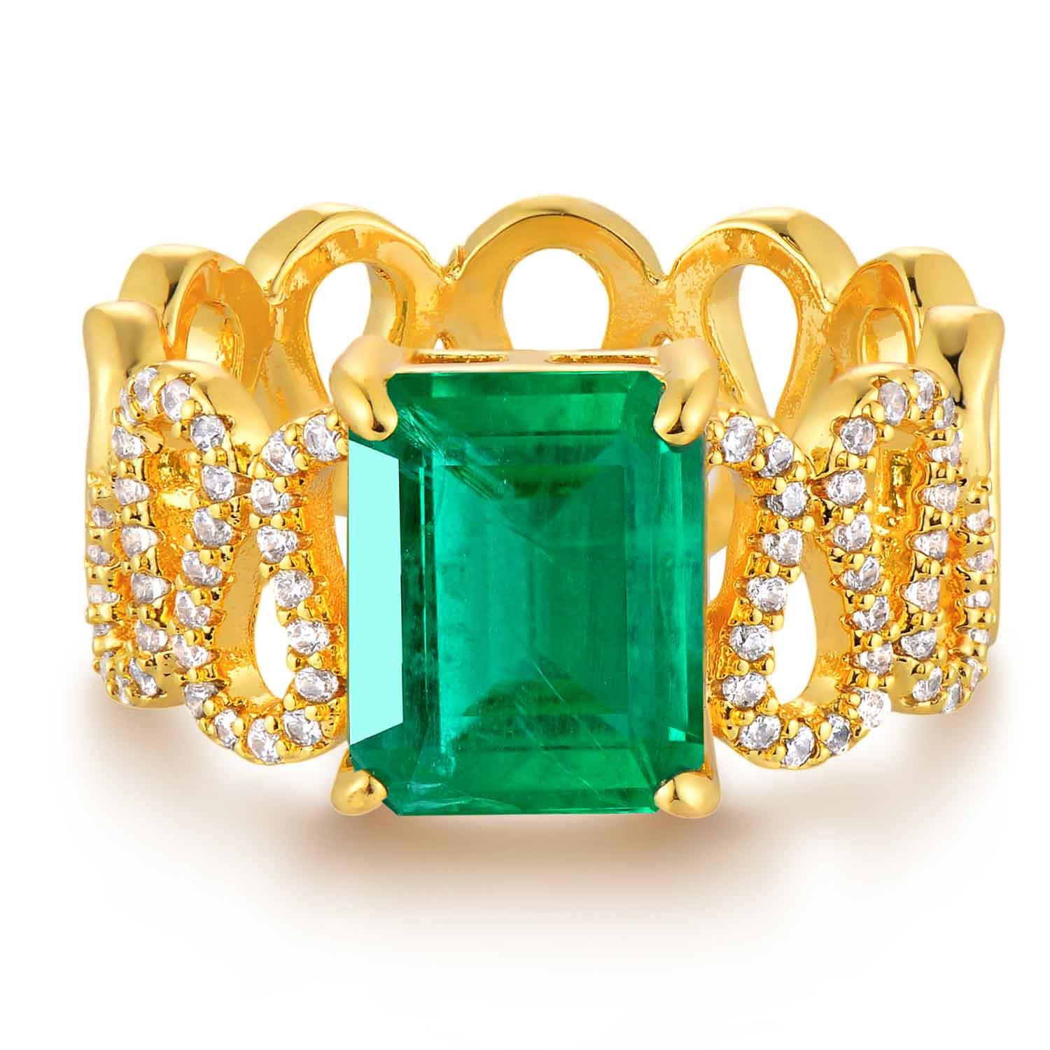 Emerald Cut Simulated Emerald/Paraiba Solitaire Cocktail Hollow 9MM Pave Ring