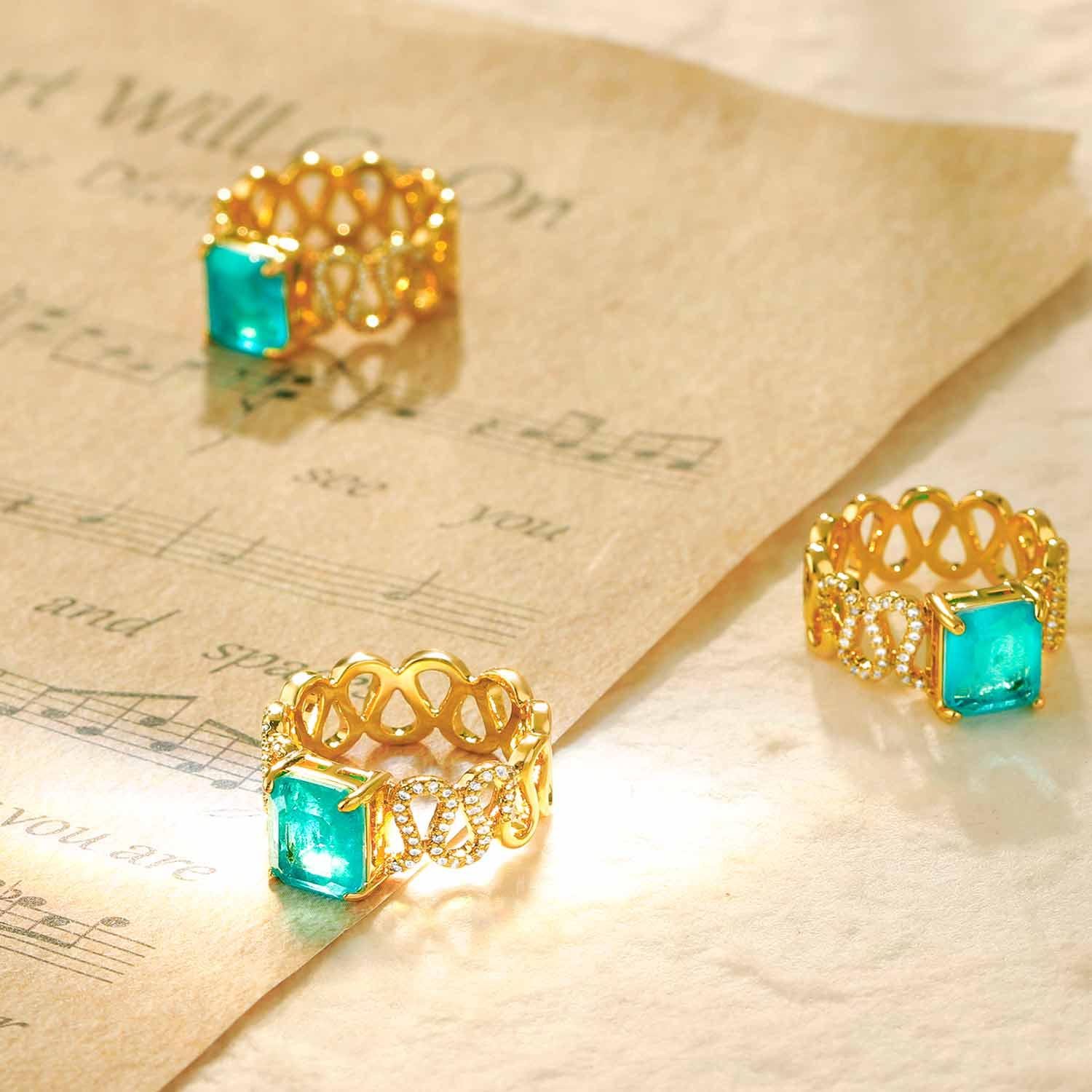 Emerald Cut Simulated Emerald/Paraiba Solitaire Cocktail Hollow 9MM Pave Ring