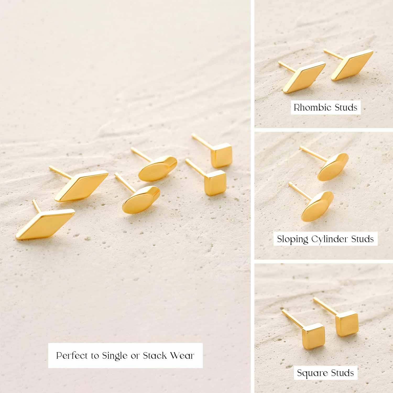 Square & Rhombic & Sloping Cylinder Stud Earrings Set