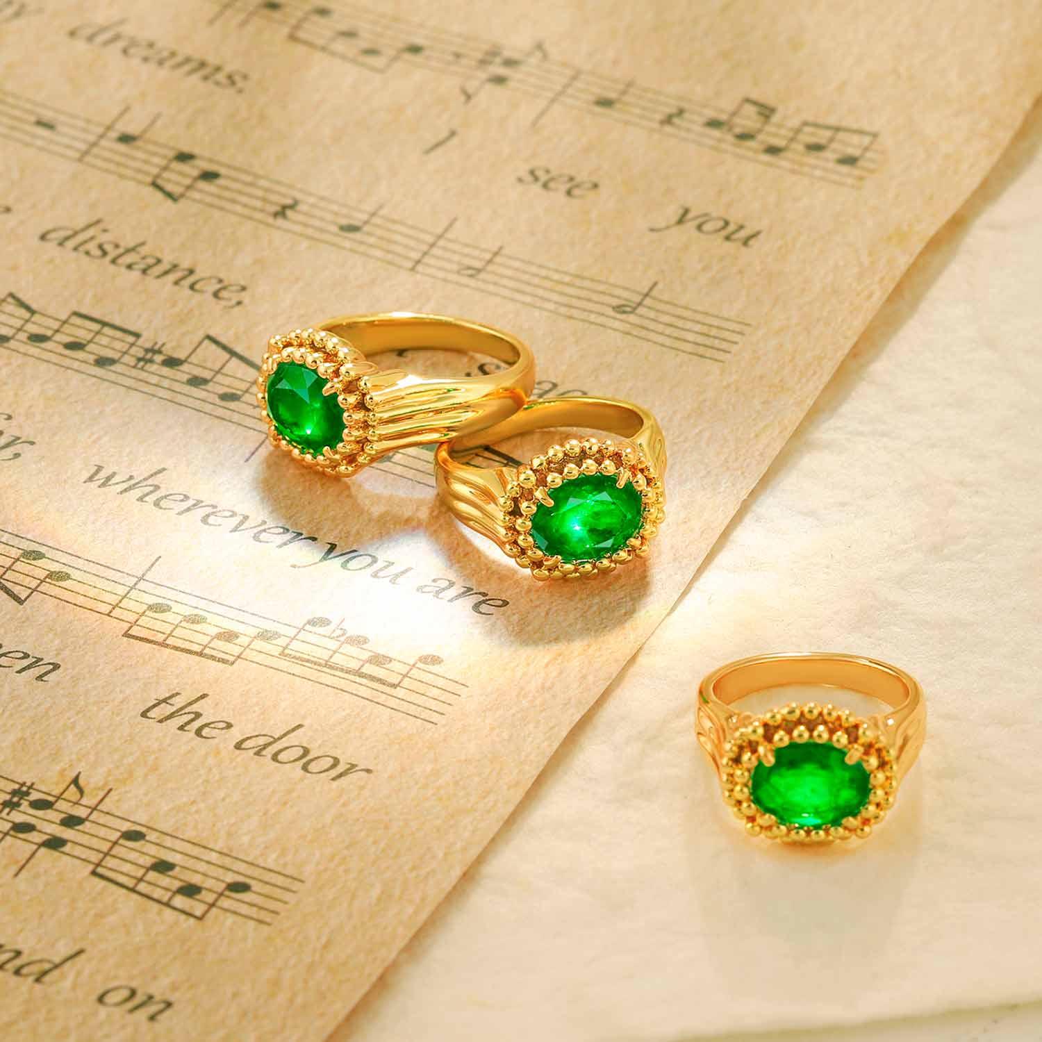 Oval Solitaire Simulated Emerald/Paraiba Solitaire Cocktail Beaded Ring
