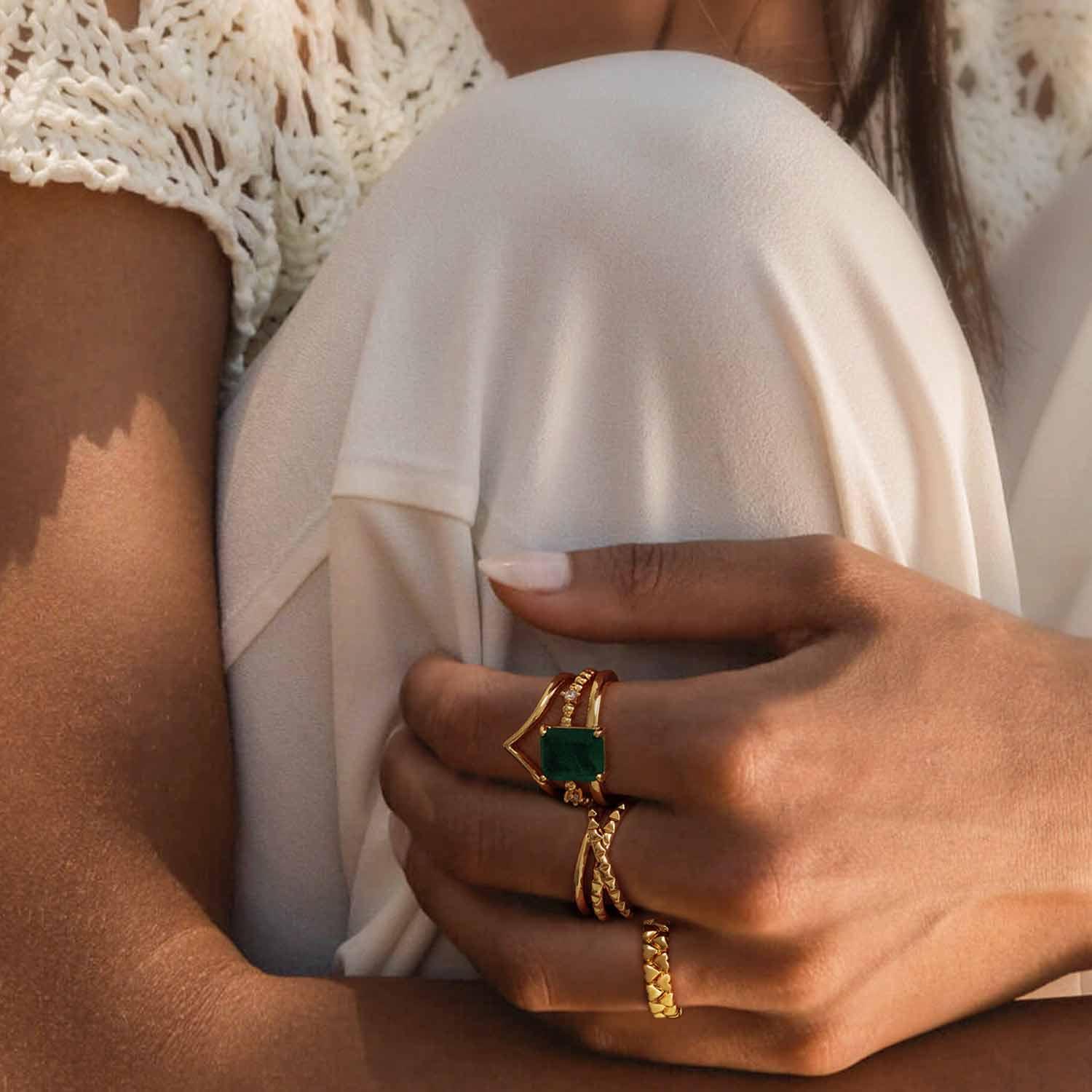 Rectangle Simulated Emerald/Paraiba Solitaire Cocktail Ring