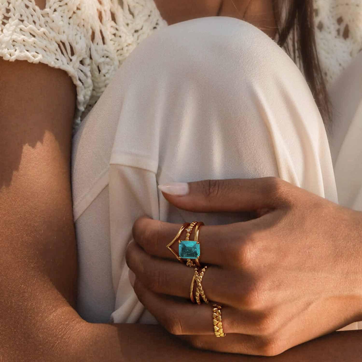 Rectangle Simulated Emerald/Paraiba Solitaire Cocktail Ring