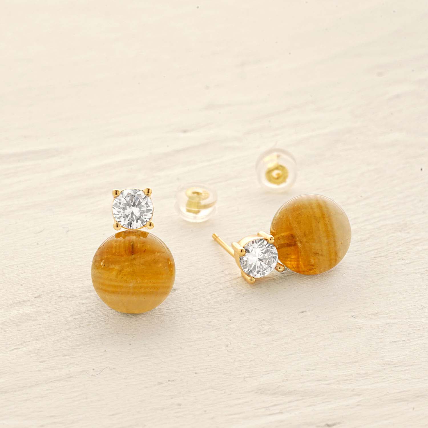Detailed view of MYEARS® Yellow Topaz Bead Ball Stud Earrings, highlighting yellow topaz gemstones and 14K gold finish.