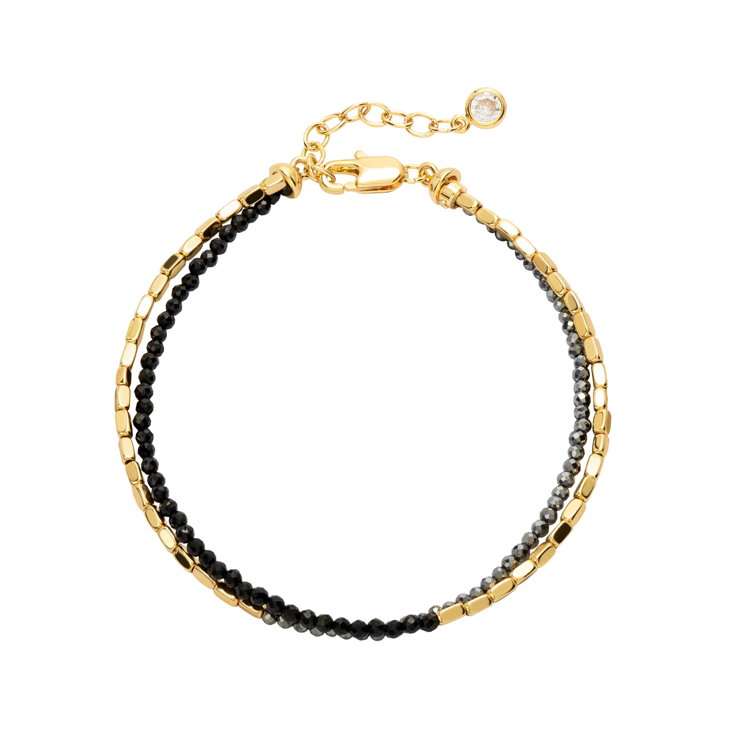 Myears® Black Onyx Square Chain Double-Layer Bracelet on a white background, 14k gold-plated chain, close-up product shot