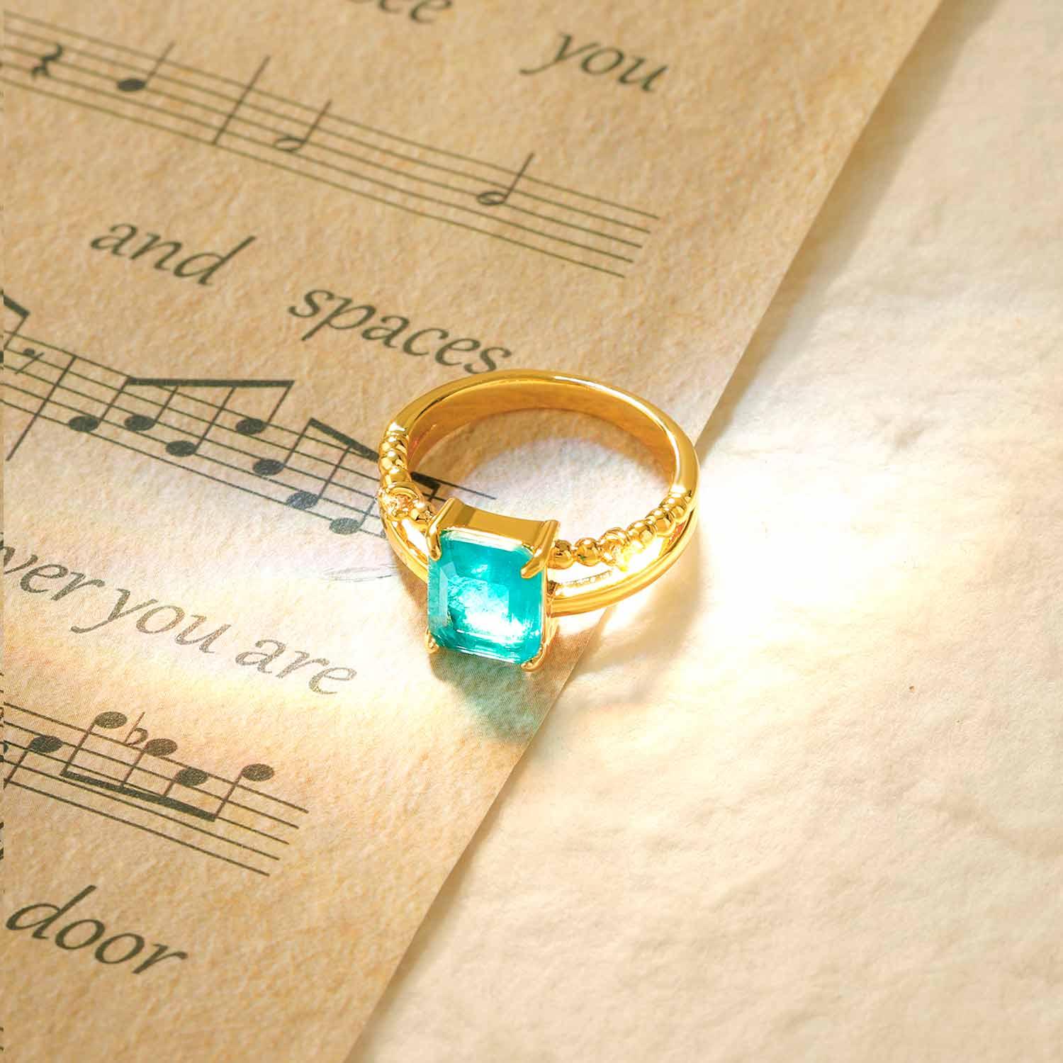 Rectangle Simulated Emerald/Paraiba Solitaire Cocktail Ring