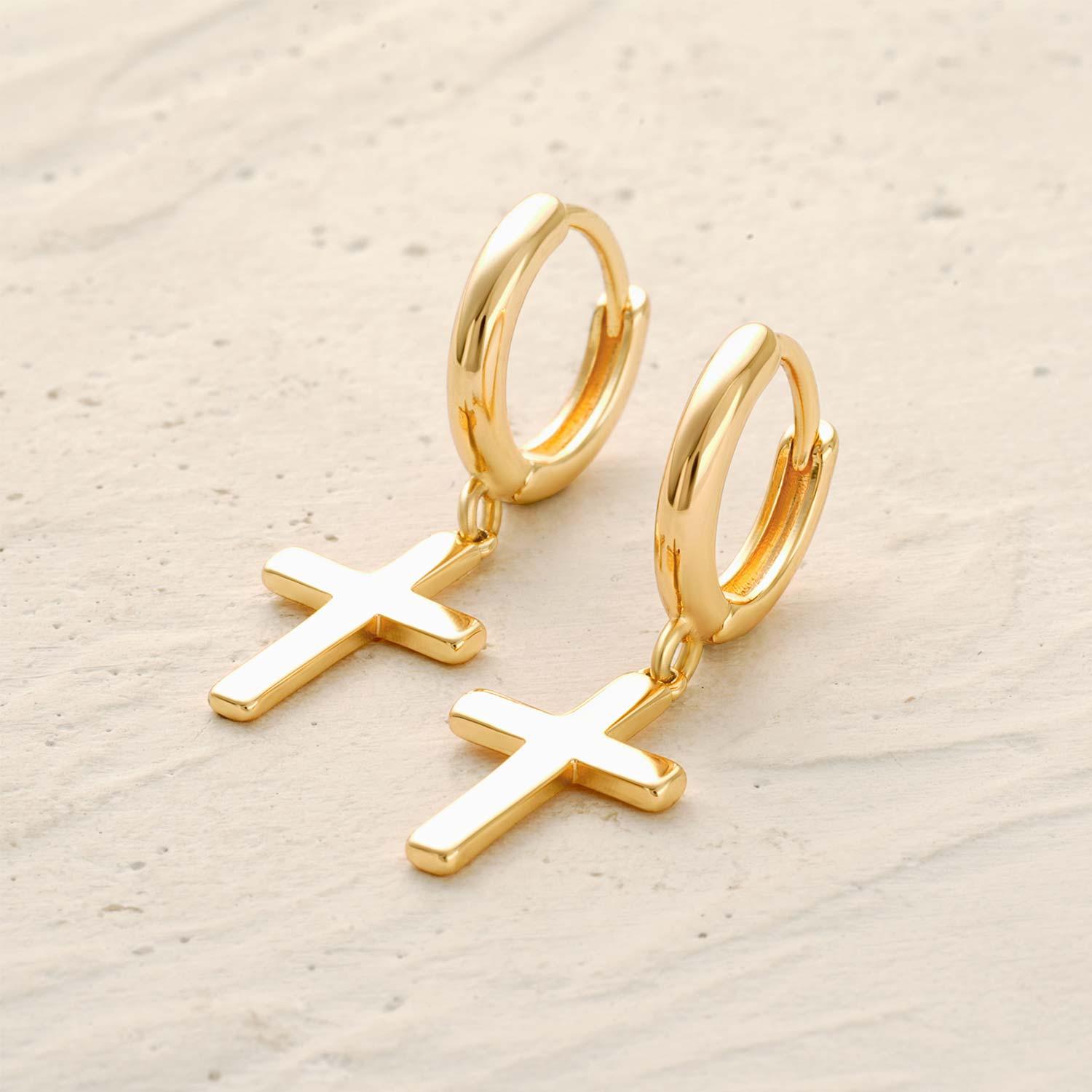 Detail of Cross Drop Dangle Hoop Earrings showing gold hoop and cross charm