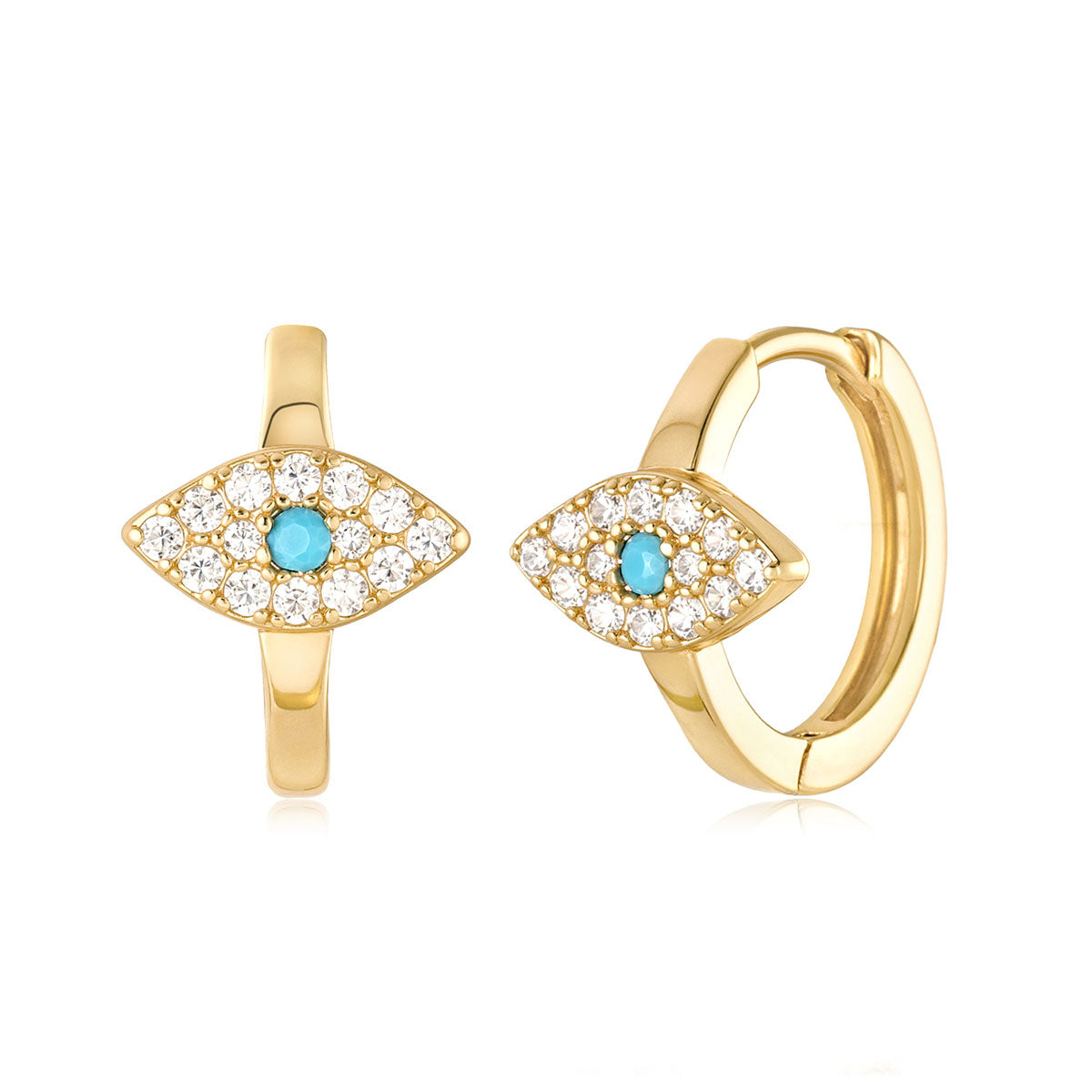 MYEARS® Evil Eye Hoop Earrings in gold for women on white background, stylish everyday wearable earrings and thoughtful gift option