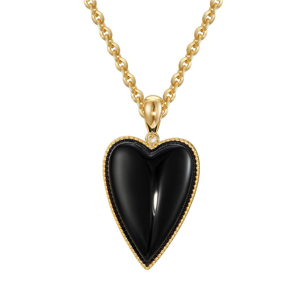 Gold Natural Stone Heart Pendant Necklace with Black Onyx on white background