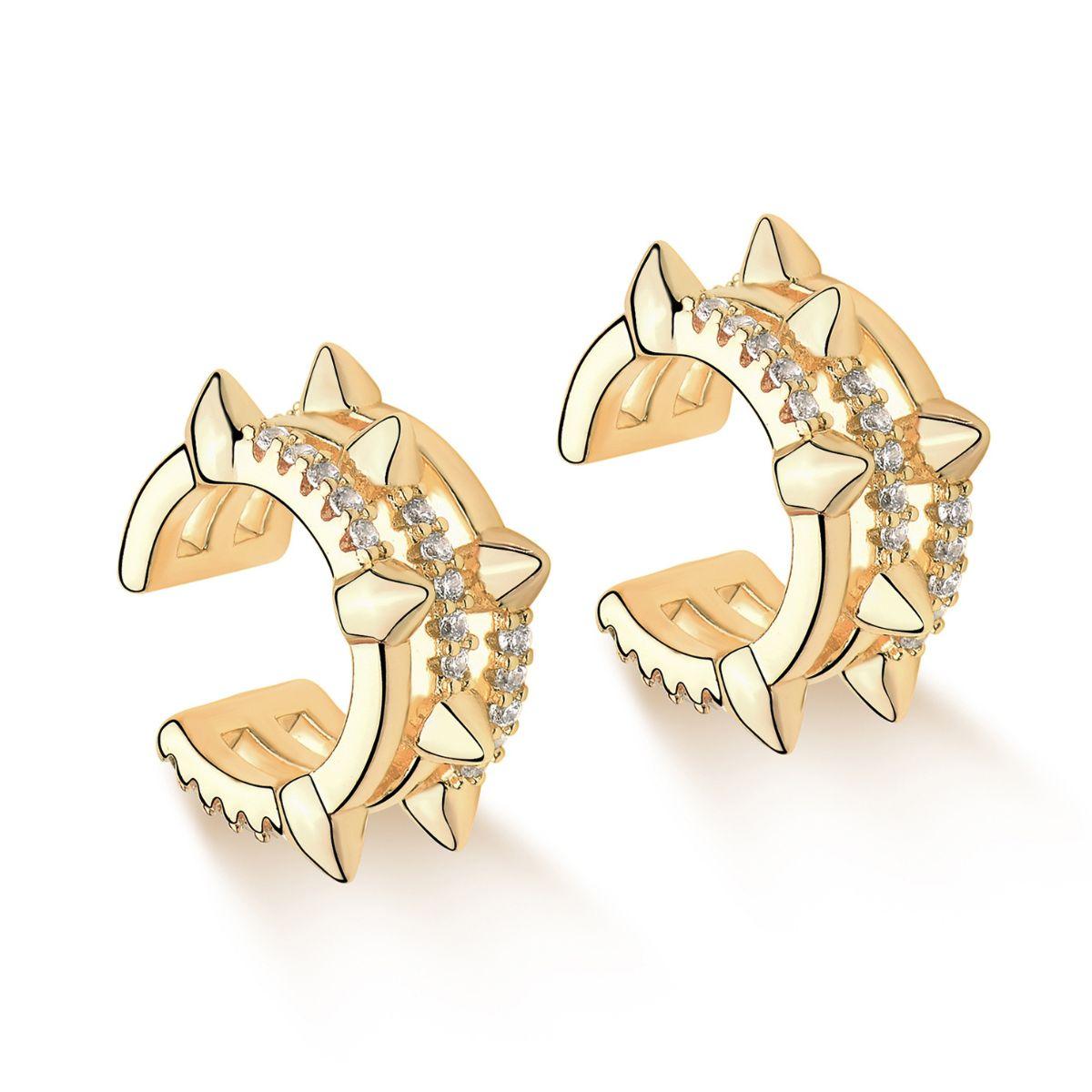 Edgy gold spike ear cuff in 14k gold plating, featuring a row of spikes accented with cubic zirconia, designed as a no-piercing statement piece