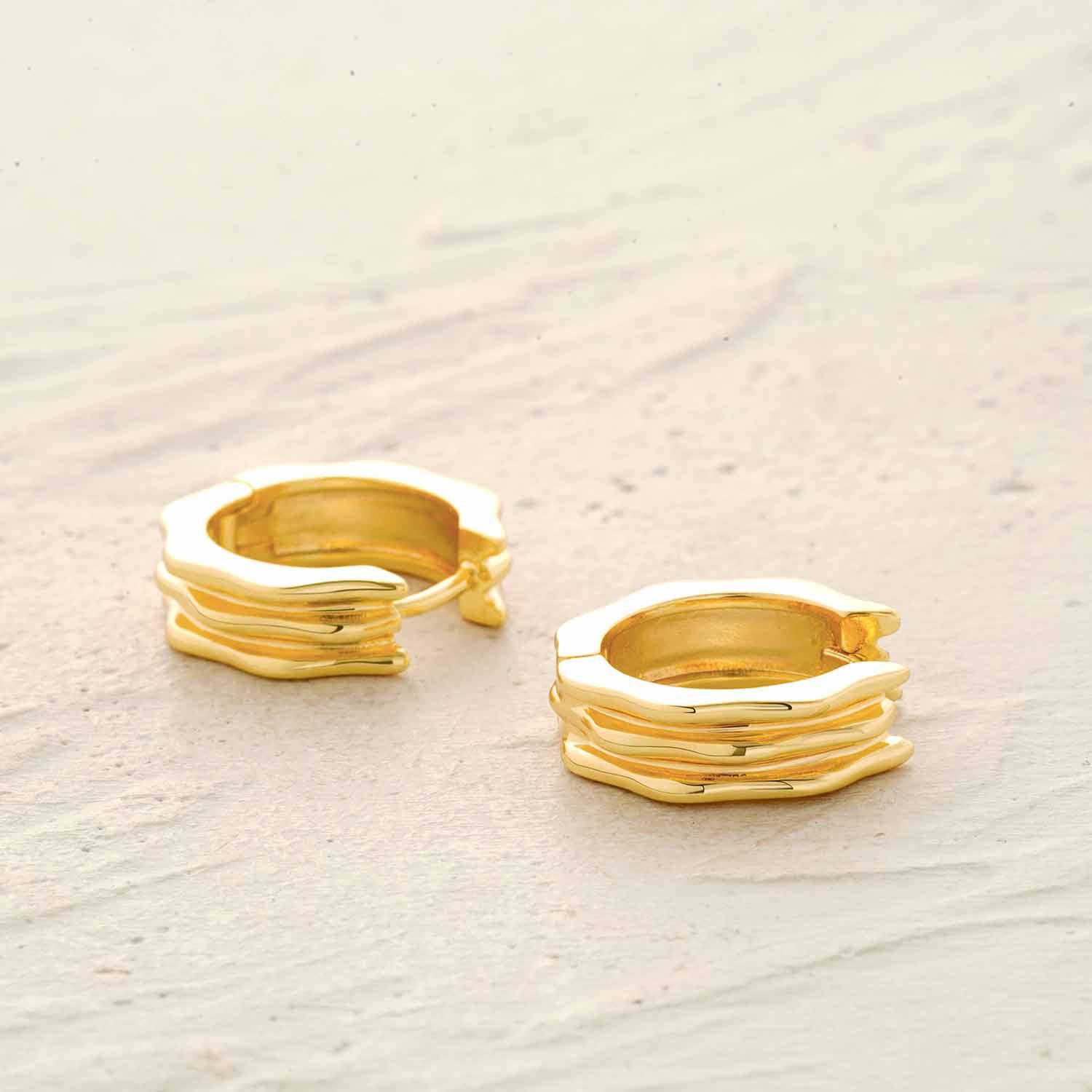 Detail of MYEARS® Gold Triple Ribbed Hoop Earrings showing triple ribbed texture and polished gold finish