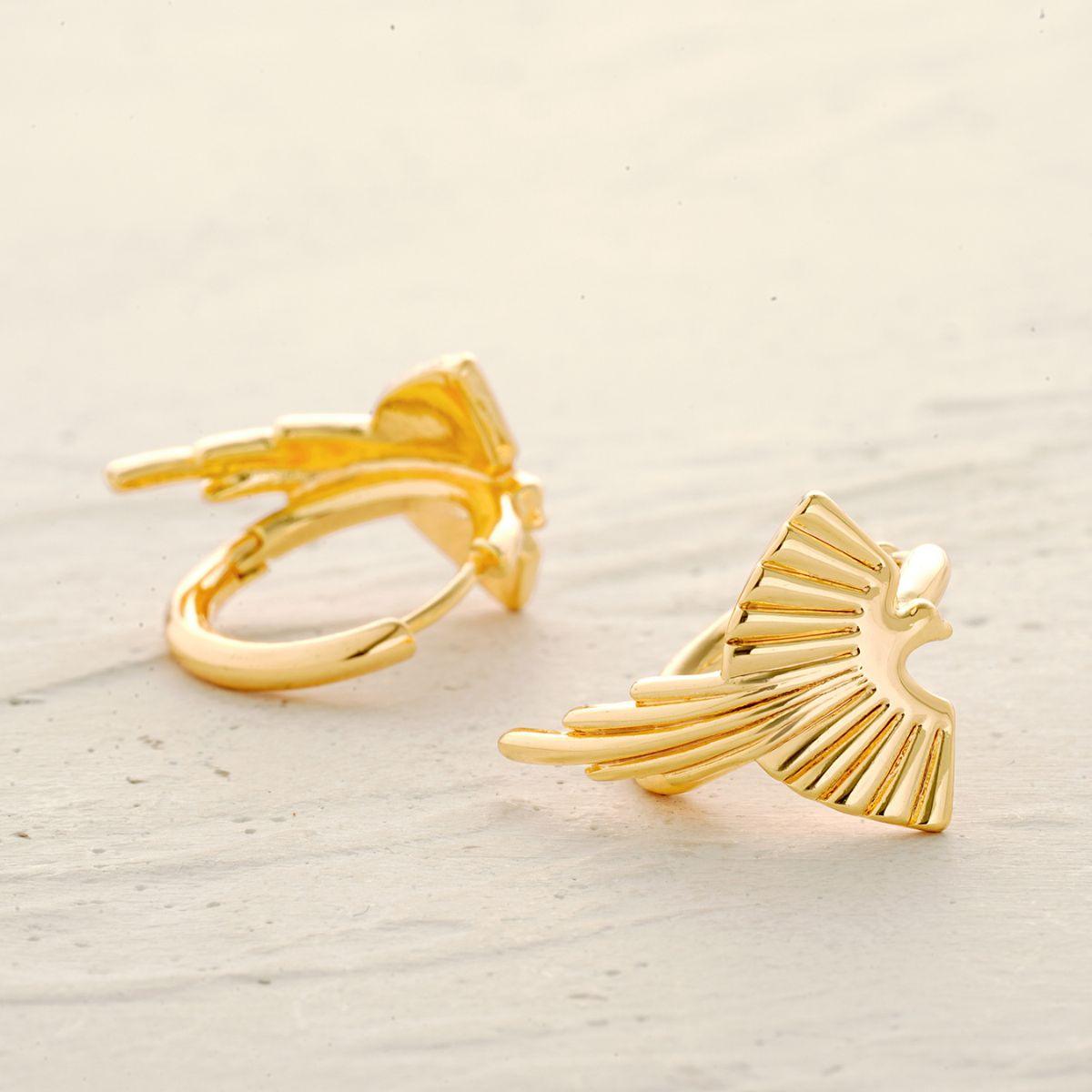 Majestic Phoenix Bird Hoop Earrings, intricately crafted in 14k gold plating, symbolizing renewal and beauty