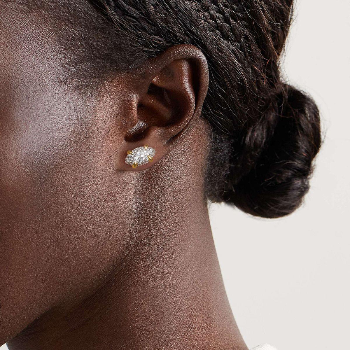 Model wearing MYEAS Marquise Cluster Stud Earrings in gold, feminine cluster earrings for women, ideal as a gift