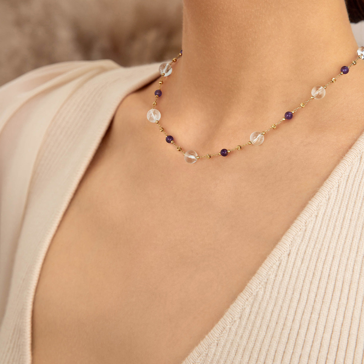MYEARS® amethyst beaded choker necklace styled for beach and summer wear, meaningful gold necklace gift