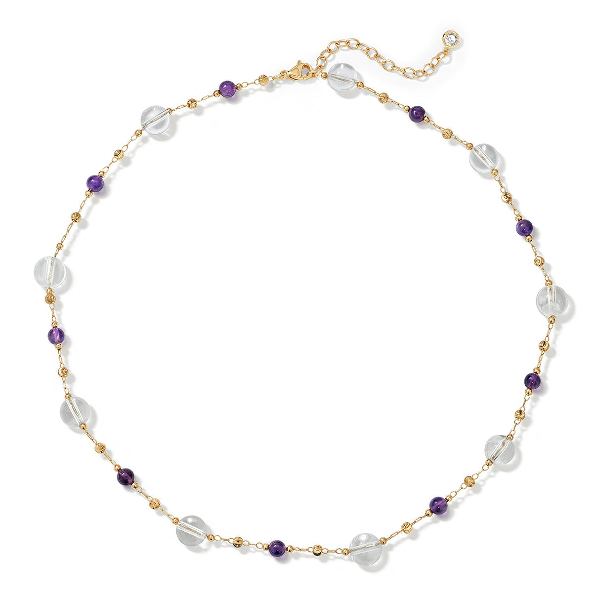 Model wearing MYEARS® amethyst beaded choker necklace, elegant gold beaded necklace for women