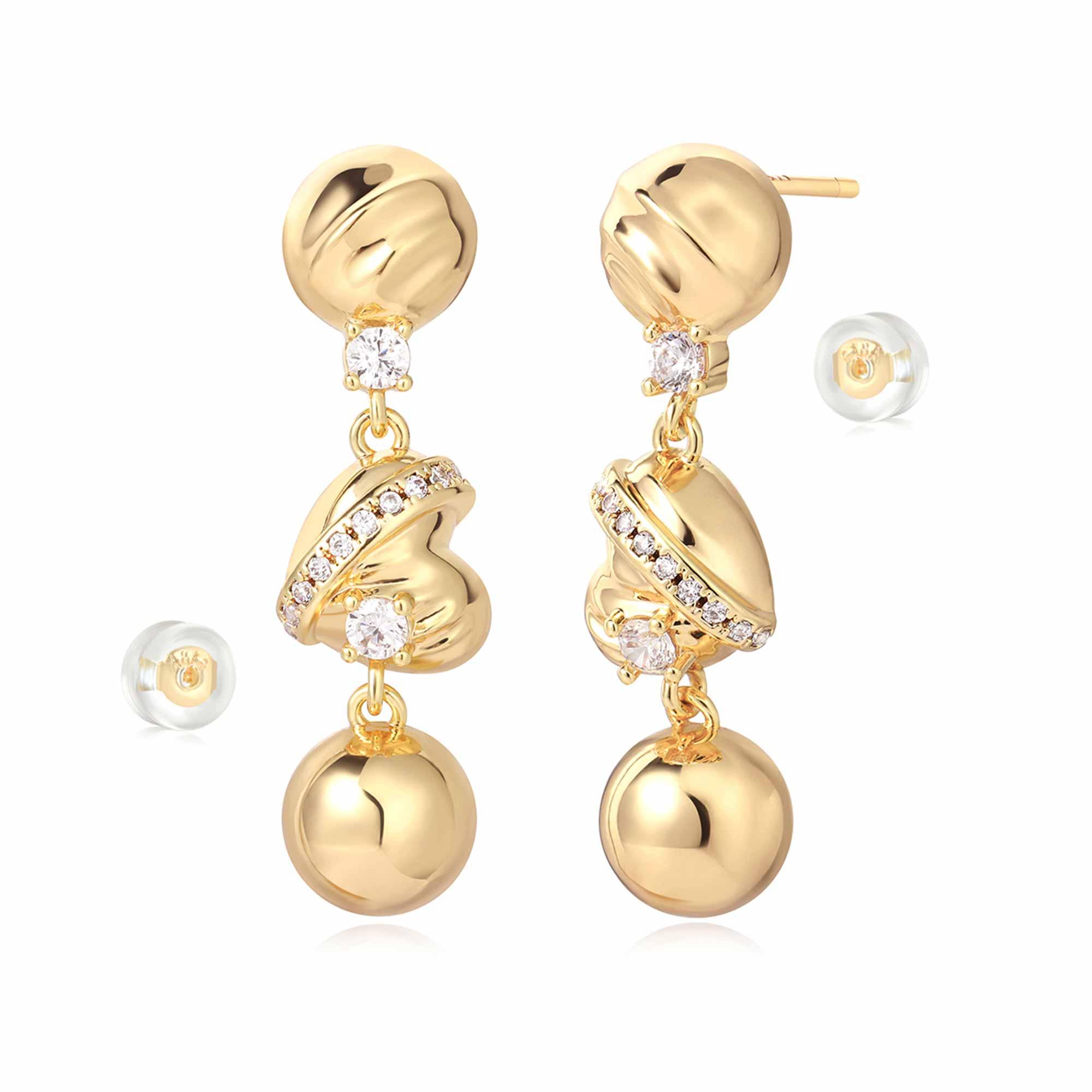 MYEARS Ball Heart Dangle Stud Earrings in gold, elegant jewelry for women, perfect gift and everyday wear