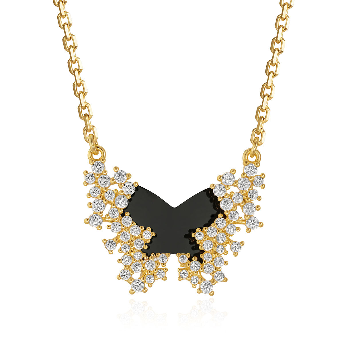 Close-up of a model wearing MYEARS® black onyx butterfly pendant necklace, gold-plated chain with gemstone butterfly charm for women, highlighting intricate design and elegance.