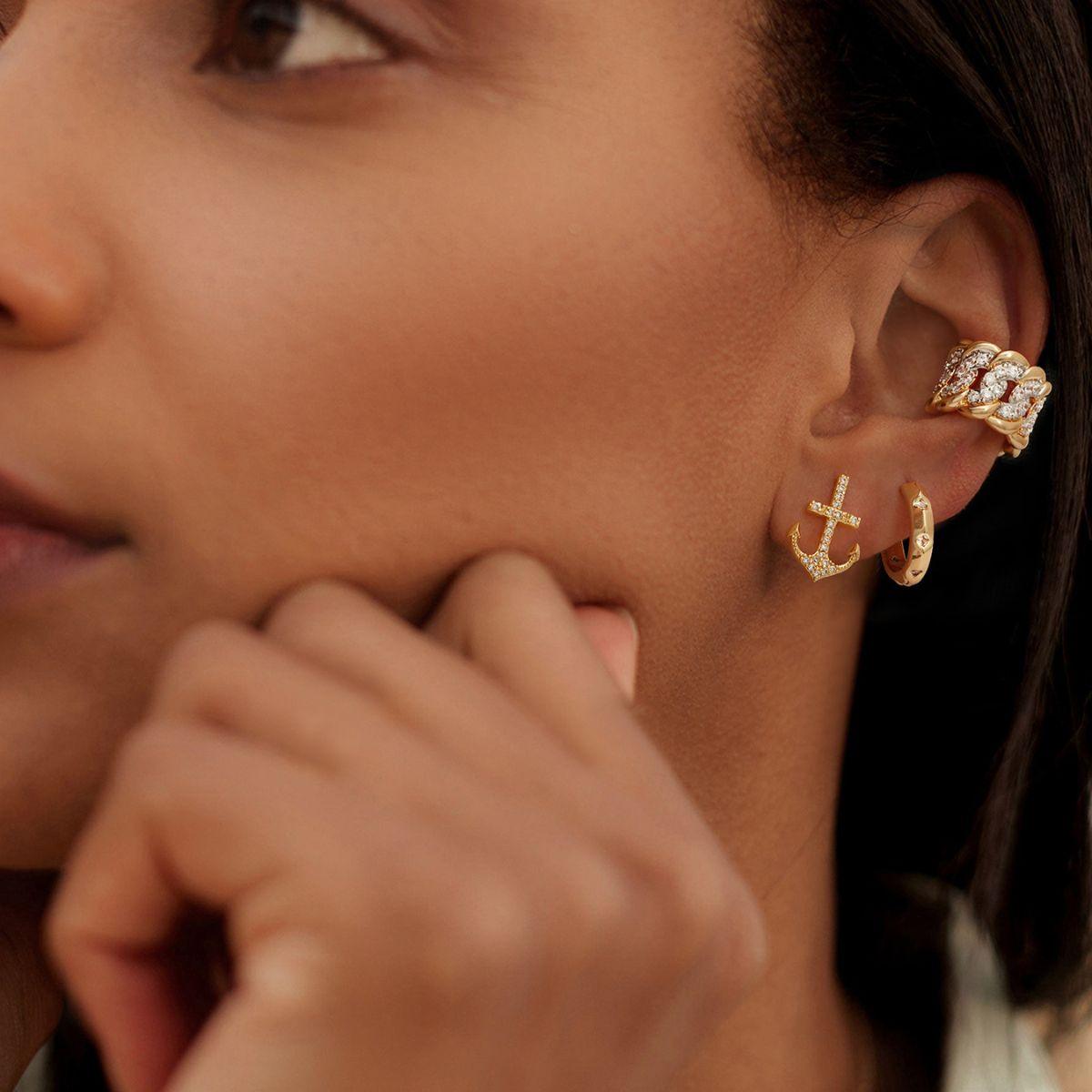 Lifestyle view of MYEARS® Chain Pave Wide Ear Cuffs on a model, highlighting its bold gold design and versatile style suitable for everyday wear or as a thoughtful gift